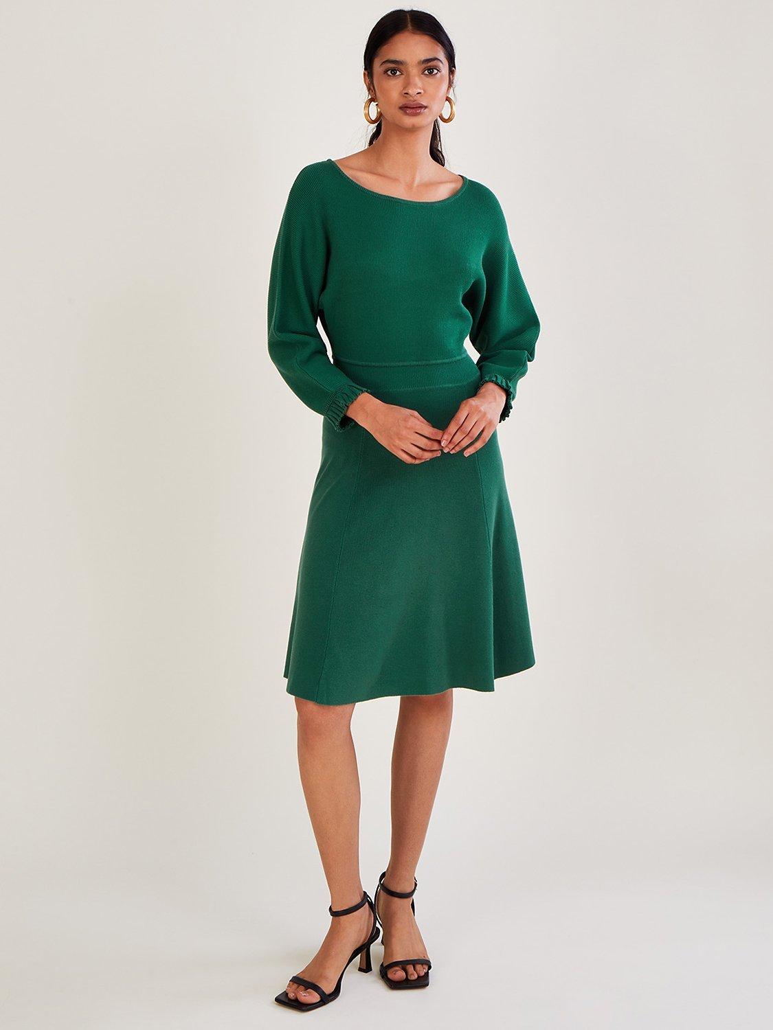 Monsoon Plated Cuff Flared Dress, Green