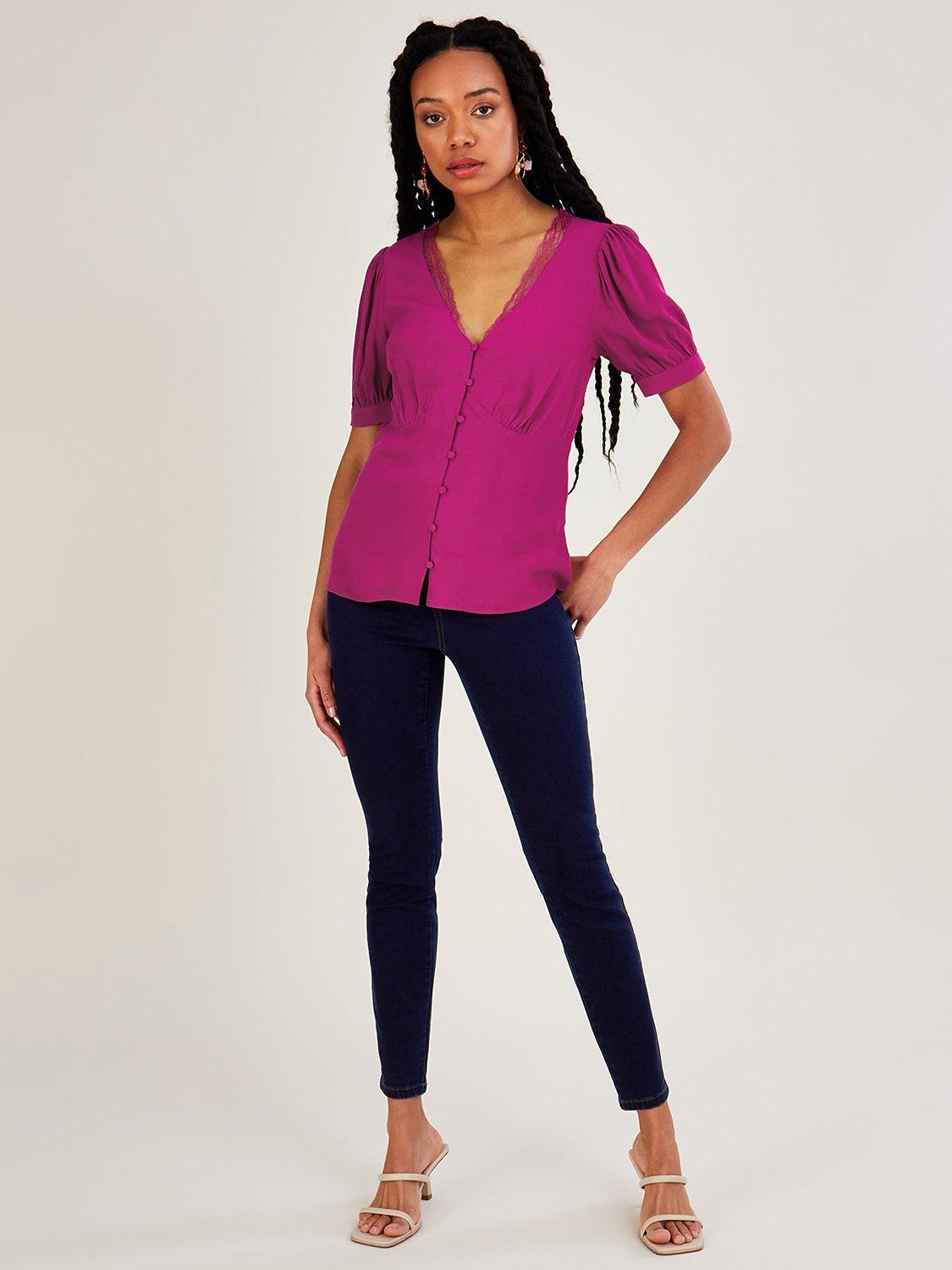 Monsoon Piper Lace Trim V-Neck Blouse, Pink