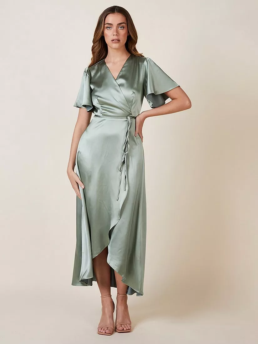 Rewritten Florence Waterfall Hem Satin Wrap Dress Sage