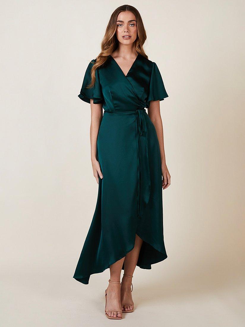 Rewritten Florence Waterfall Hem Satin Wrap Dress