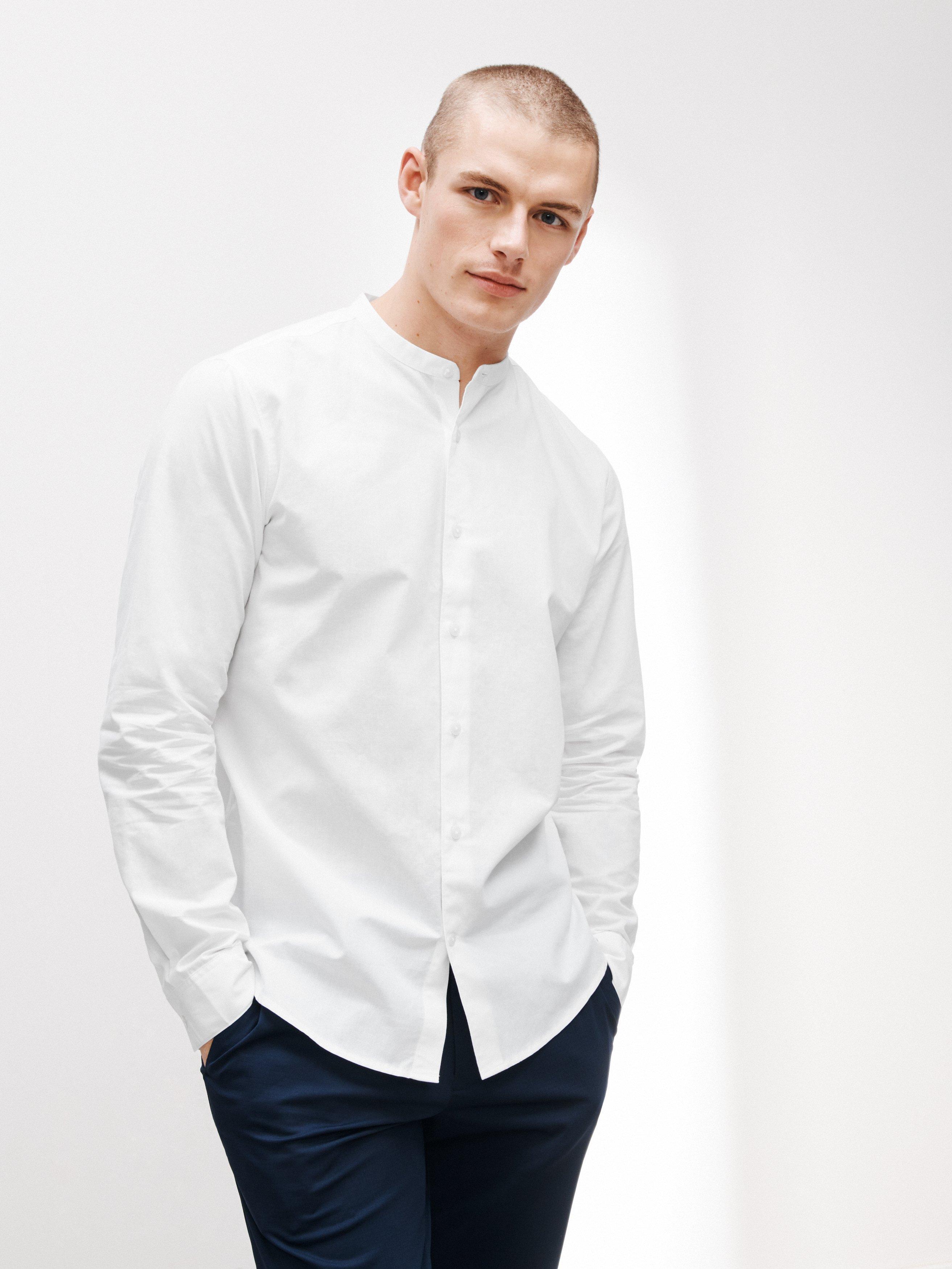 Kin Stand Collar Cotton Linen Blend Shirt, White