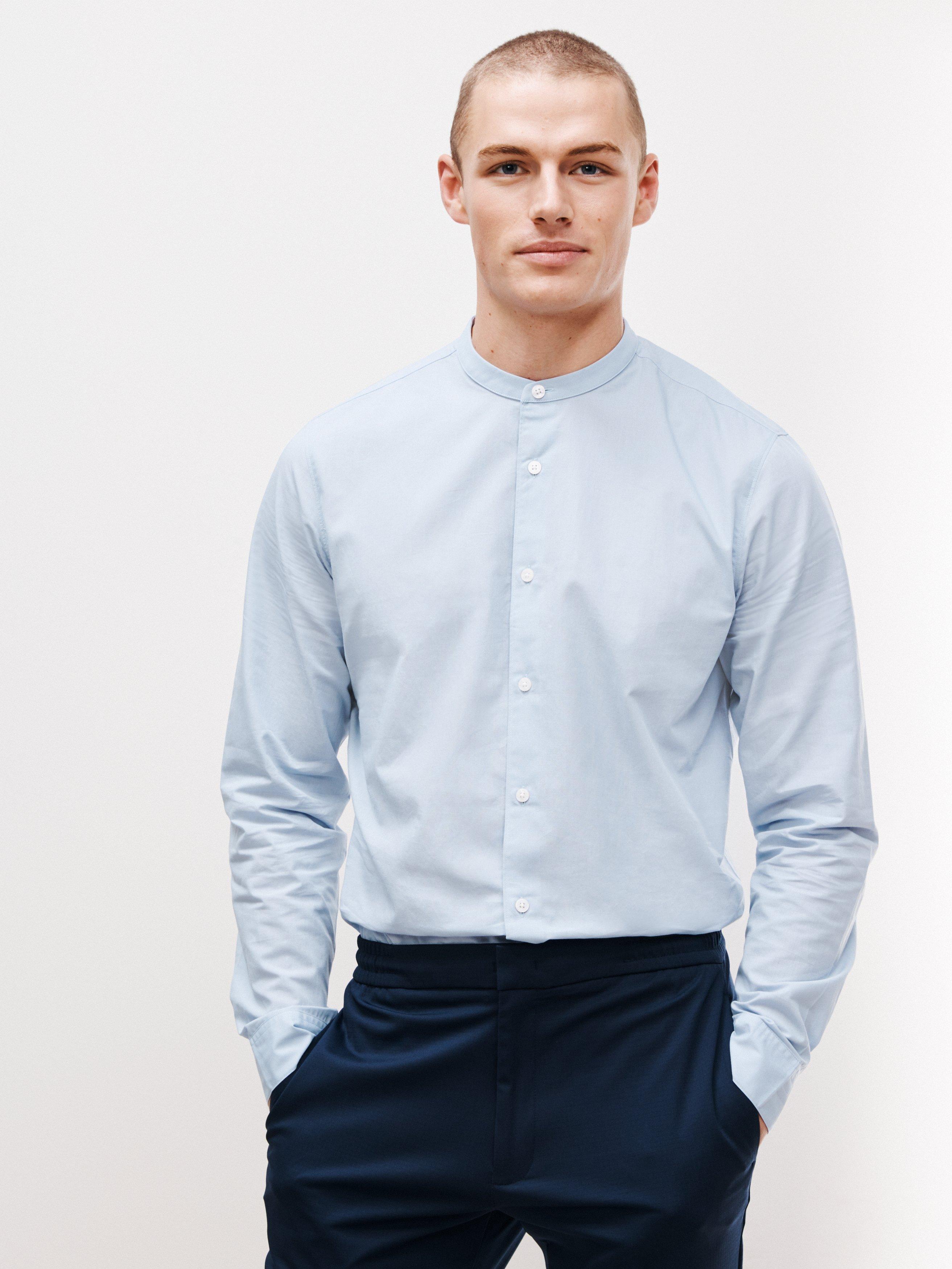Kin Stand Collar Cotton Linen Blend Shirt, Light Blue