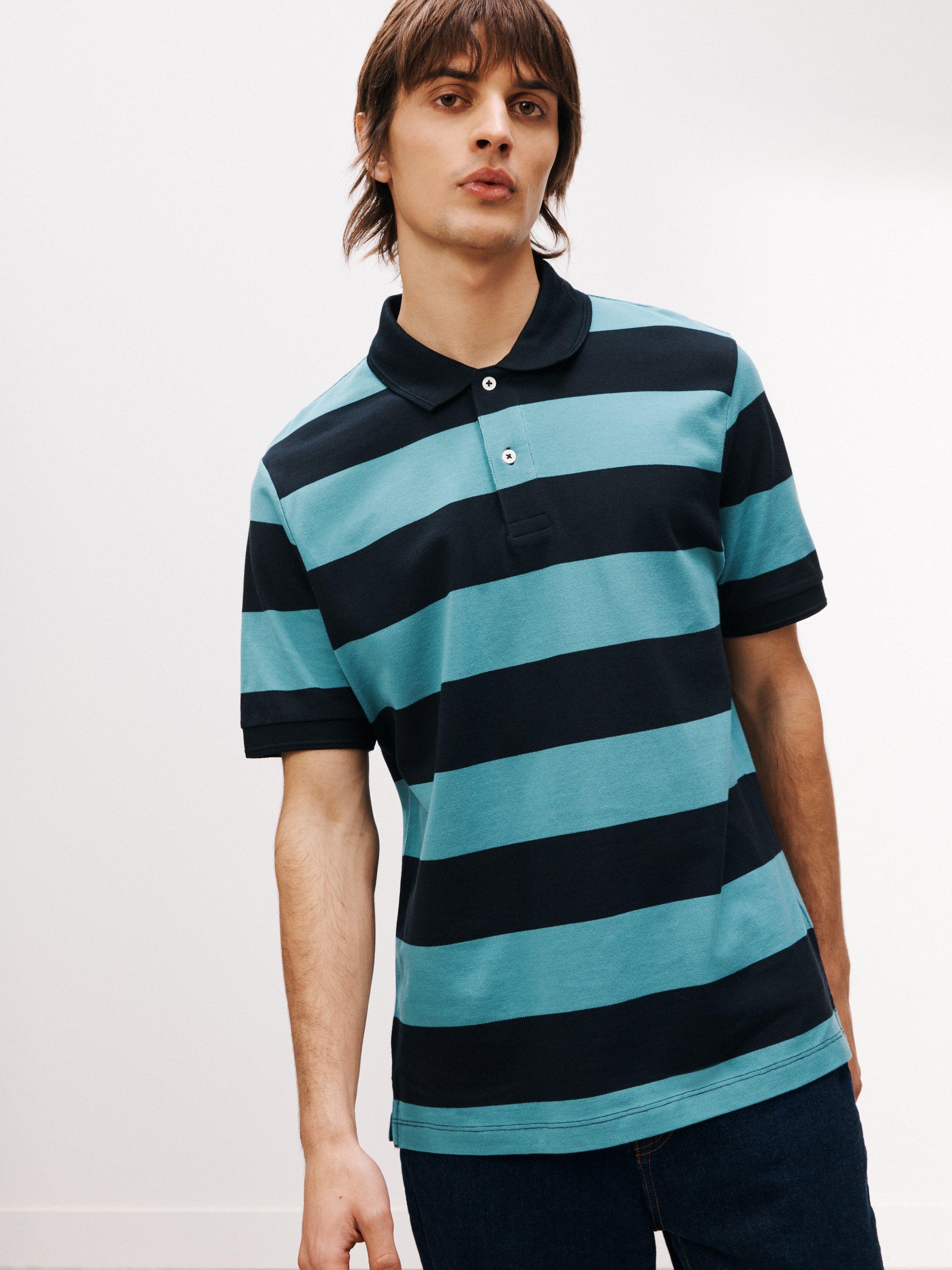 John Lewis Stripe Cotton Pique Polo Shirt, Navy/Brittany Blue, XXL