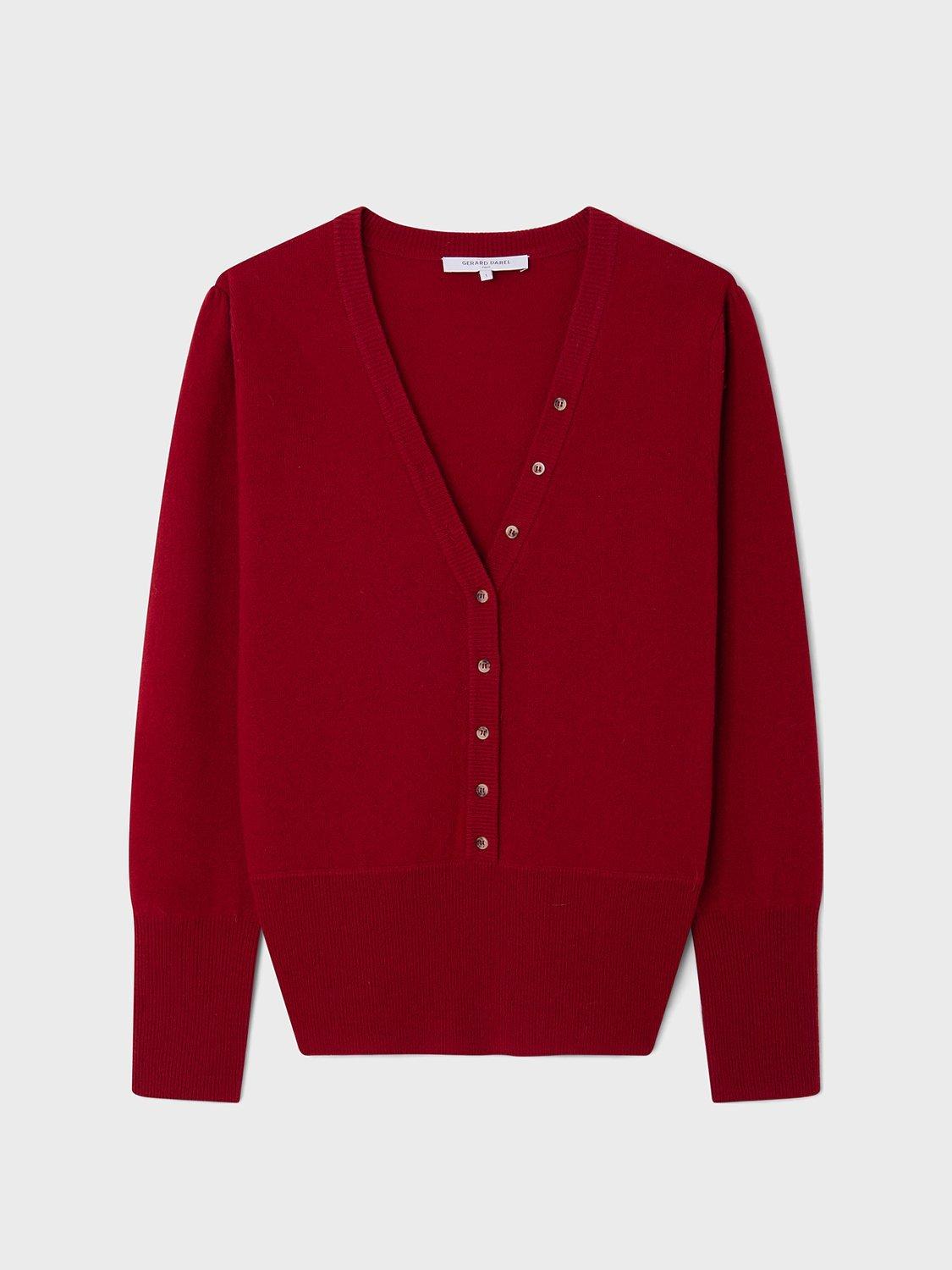 Gerard Darel Lazare Wool Button V-Neck Jumper, Red, 14