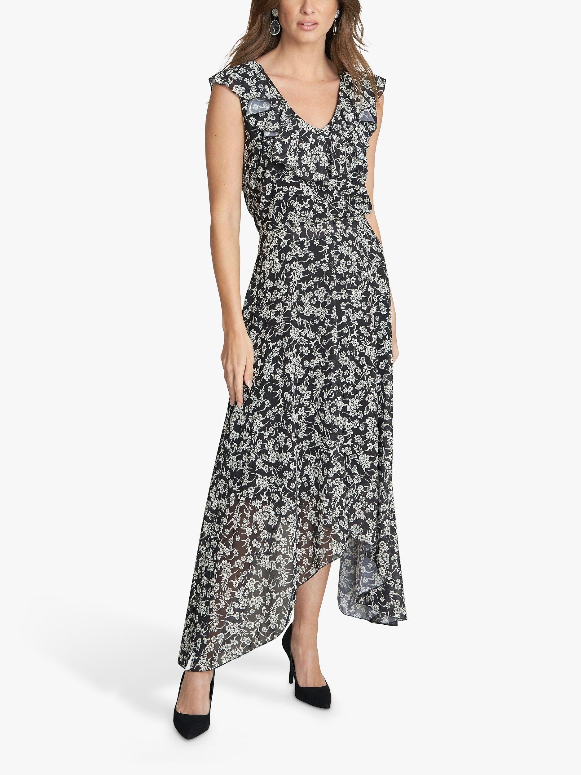 Gina Bacconi Dorina Floral Ruffle V Neck Maxi Dress, Black/White