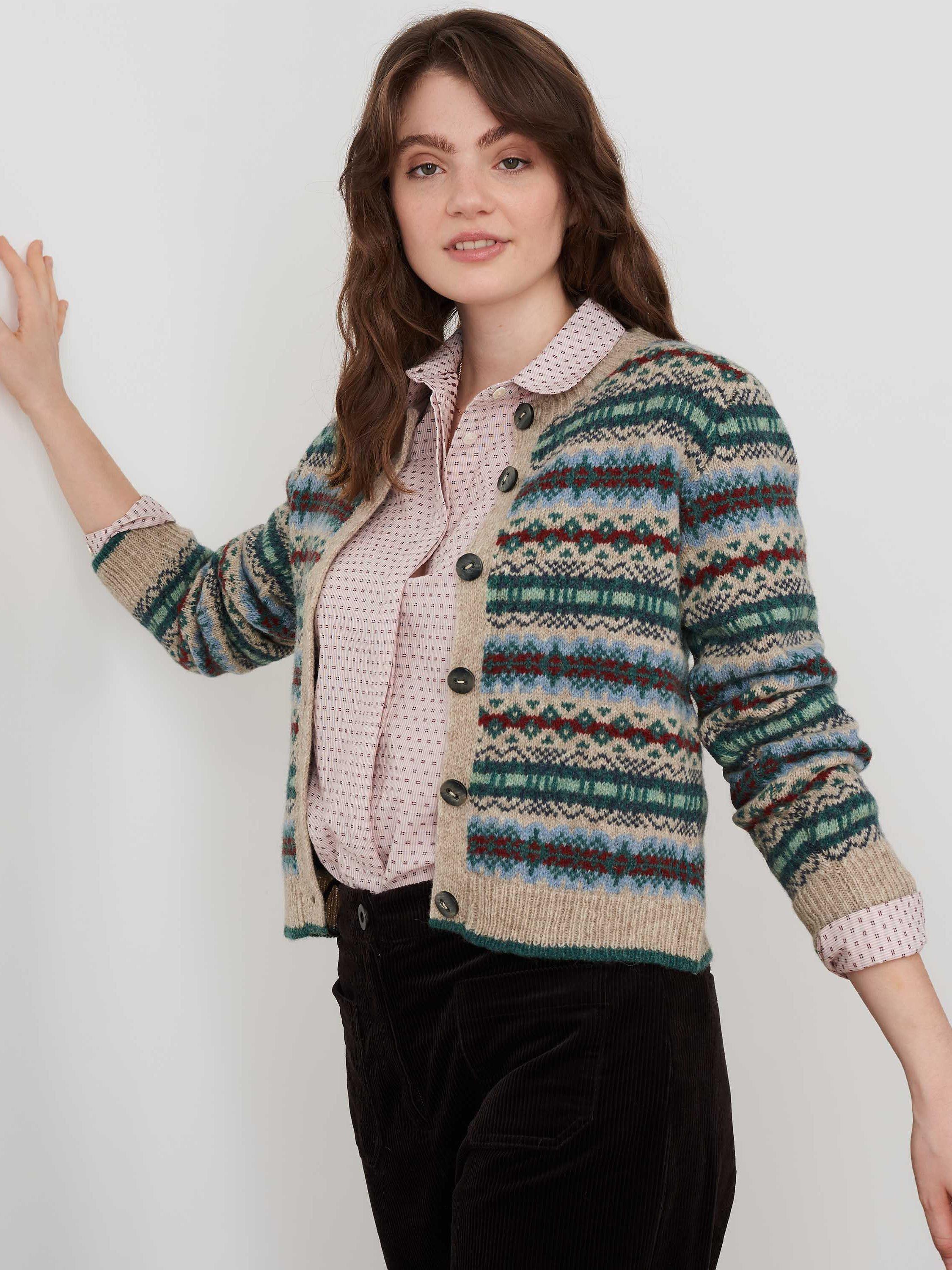 Brora Wool Fair Isle Cardigan, Oatmeal