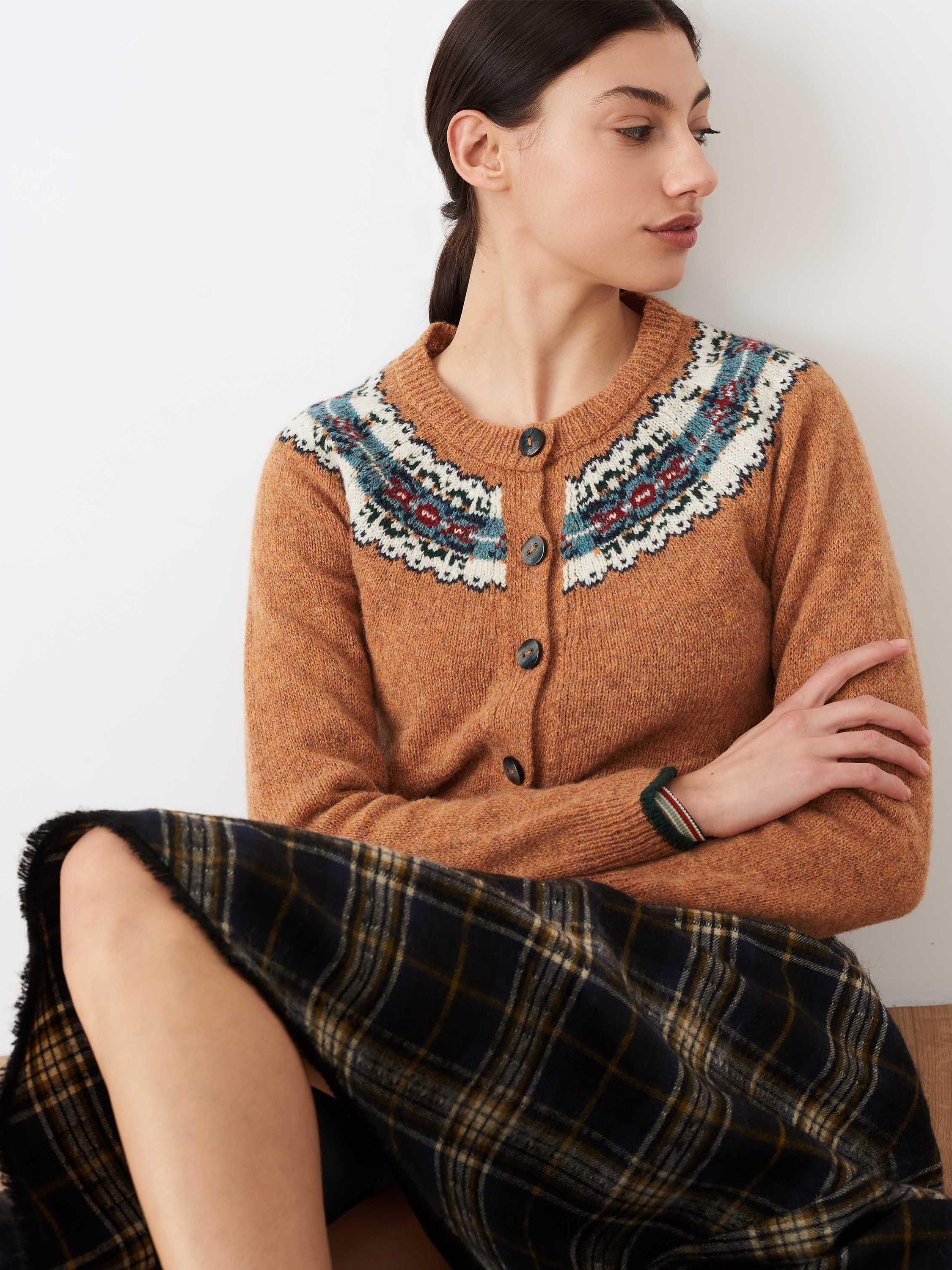 Brora Wool Fair Isle Yoke Cardigan, Amber