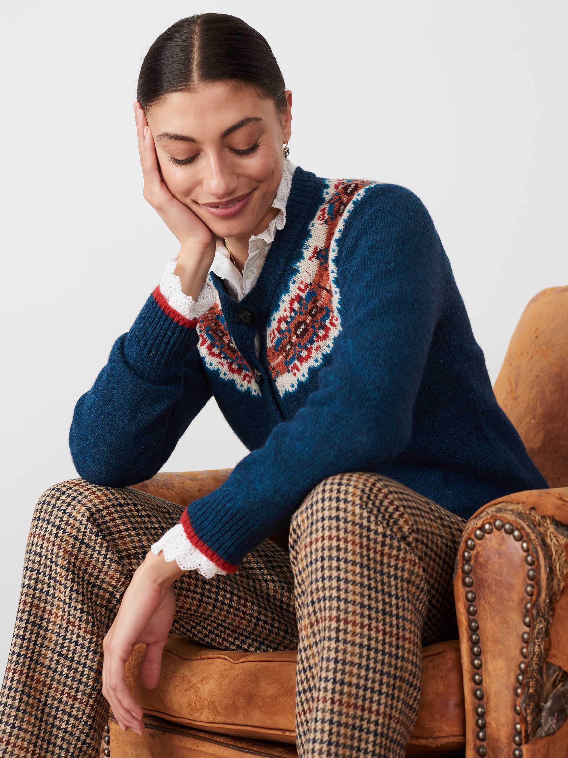 Brora Wool Fair Isle Yoke Cardigan, Teal