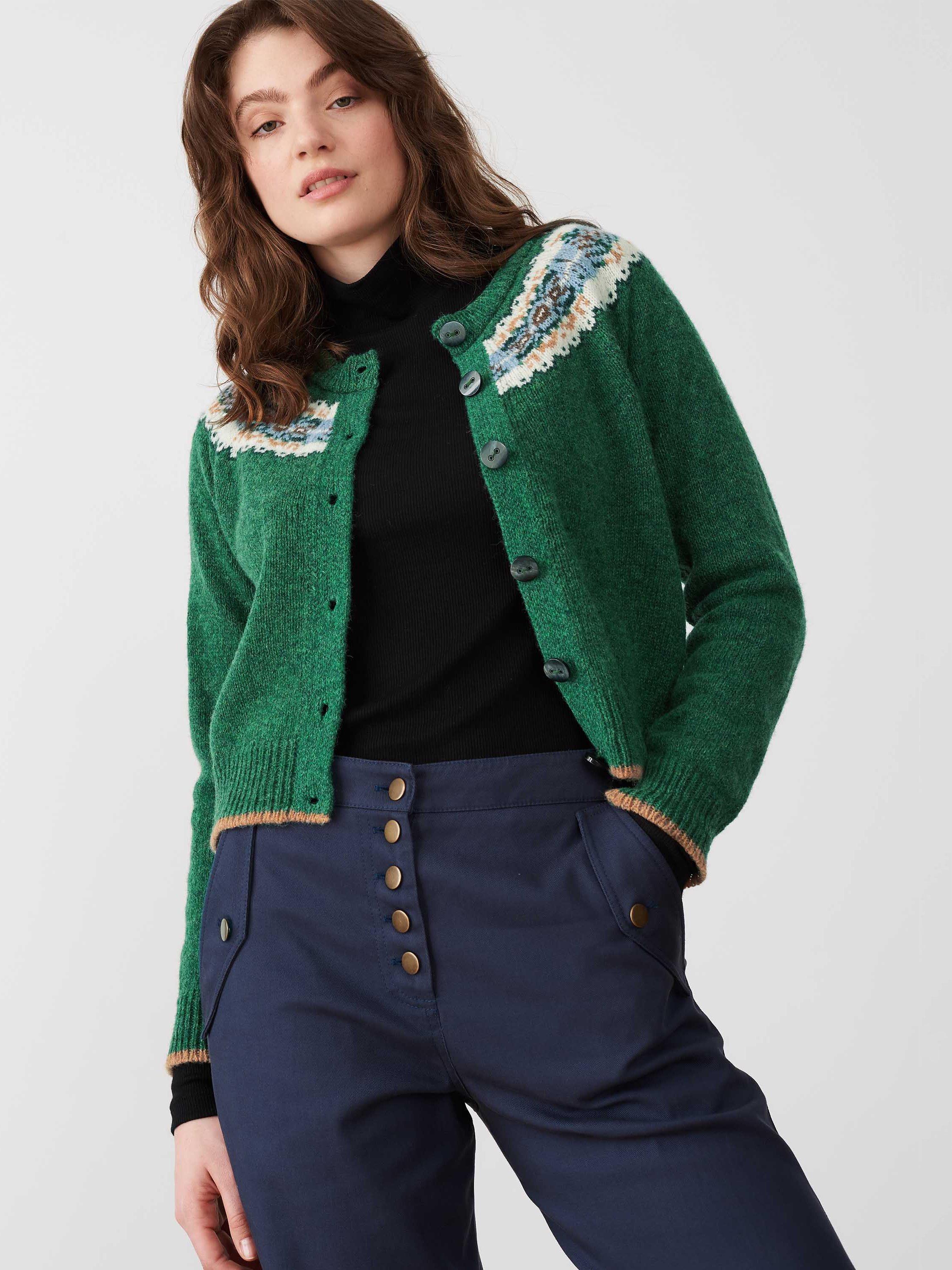 Brora Wool Fair Isle Yoke Cardigan, Emerald