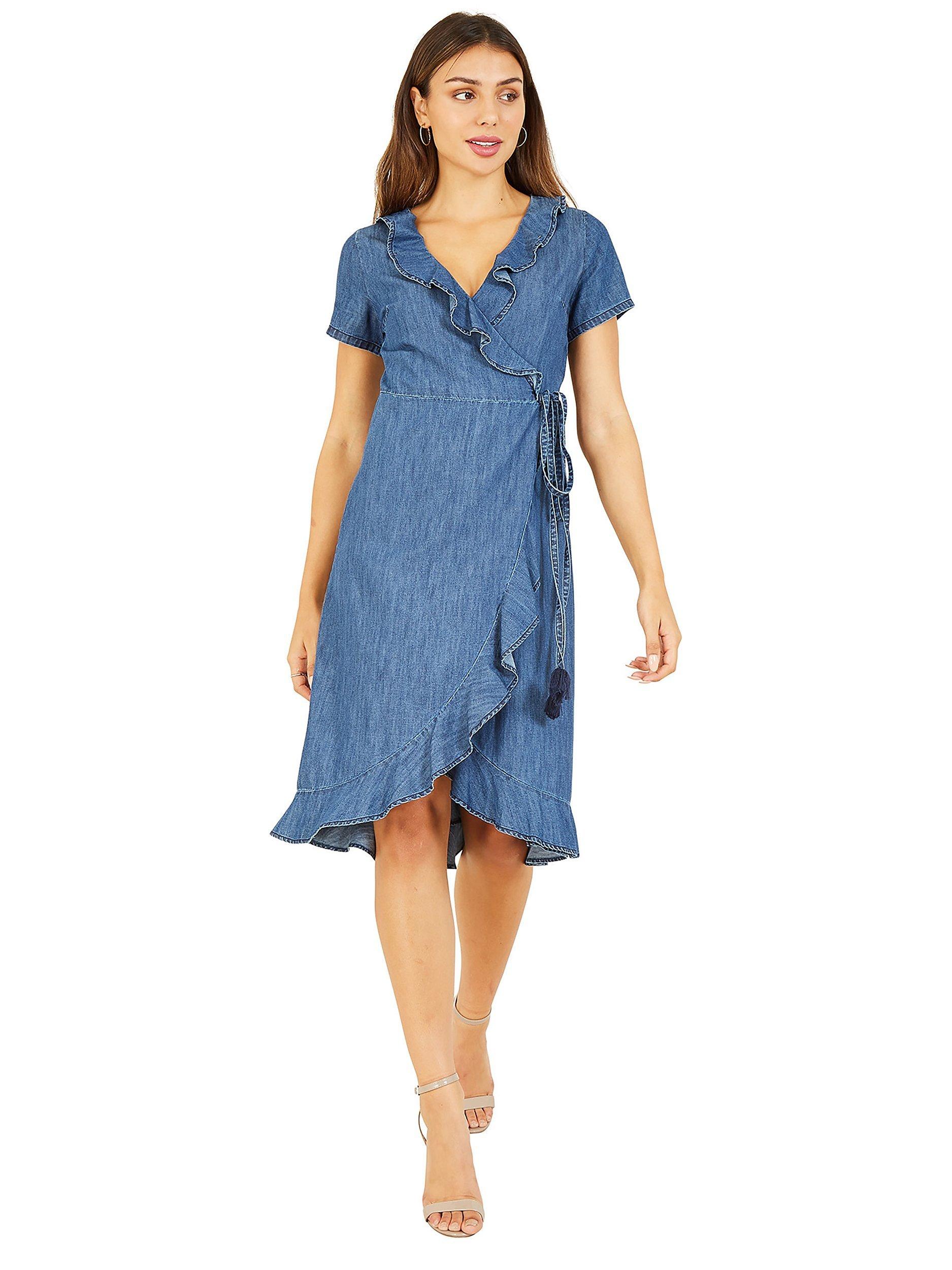 Product image 1 of 4, which shows Yumi Wrap Denim Dress, Blue, 8
