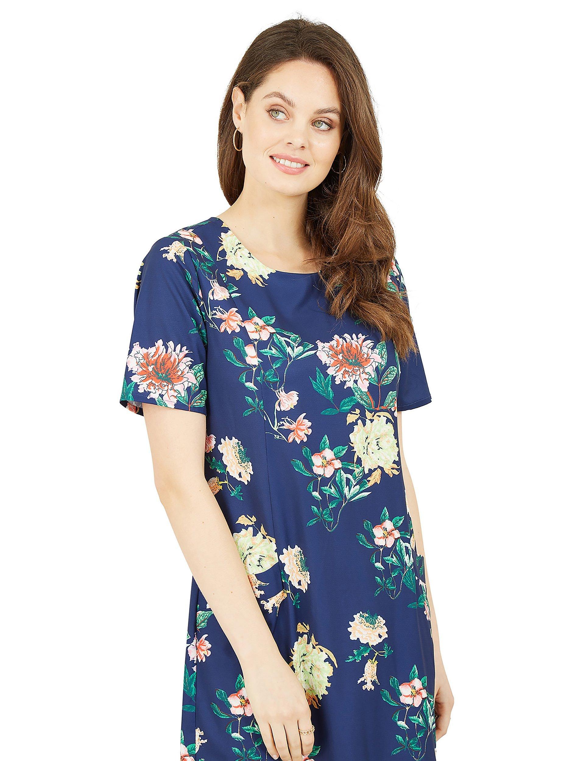 Product image 2 of 4, which shows Yumi Oriental Blossom Print Knee Length Tunic, Navy/Multi, 8