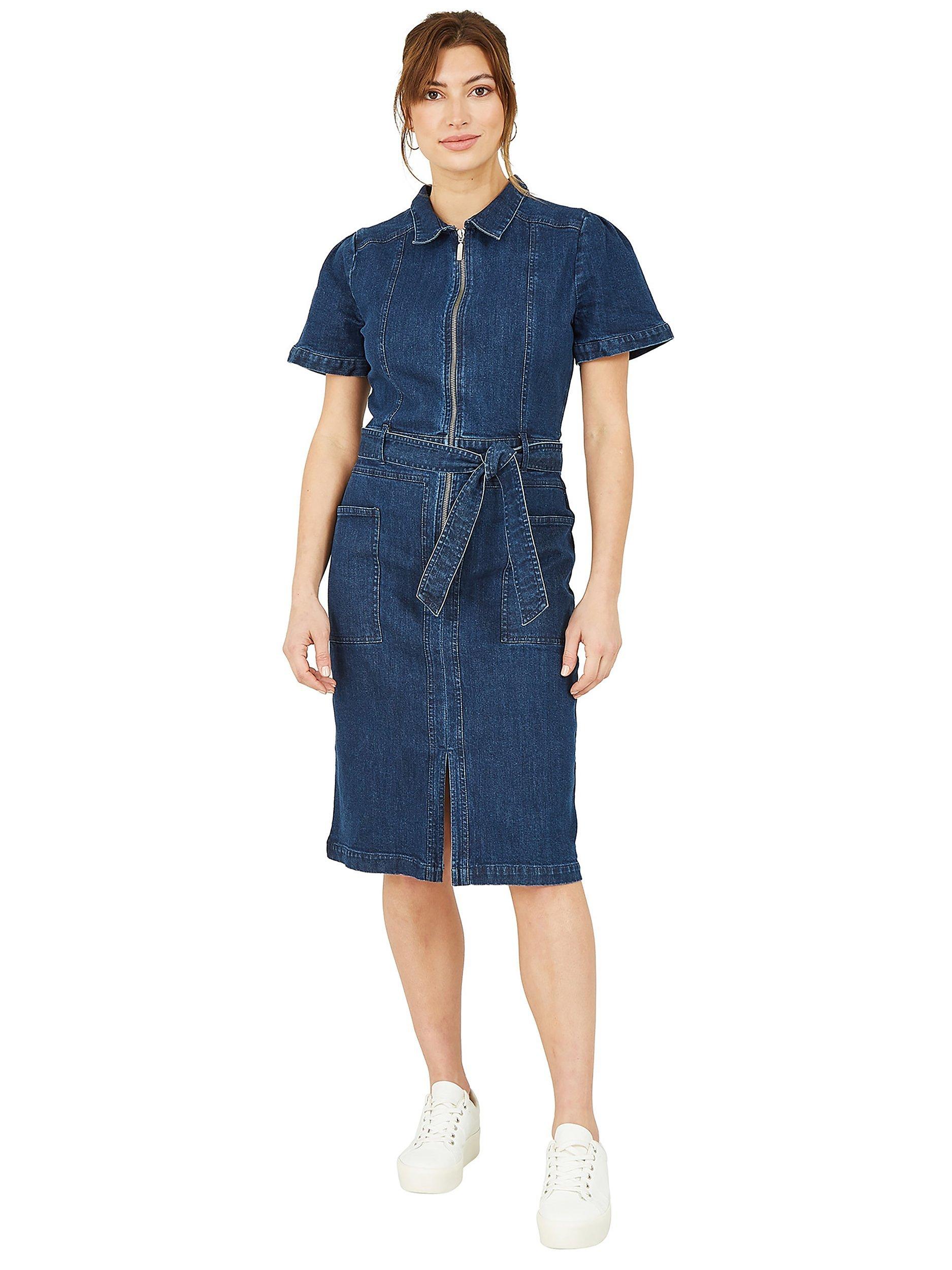 Product image 1 of 4, which shows Yumi Denim Zip Shirt Dress, Dark Blue, 8
