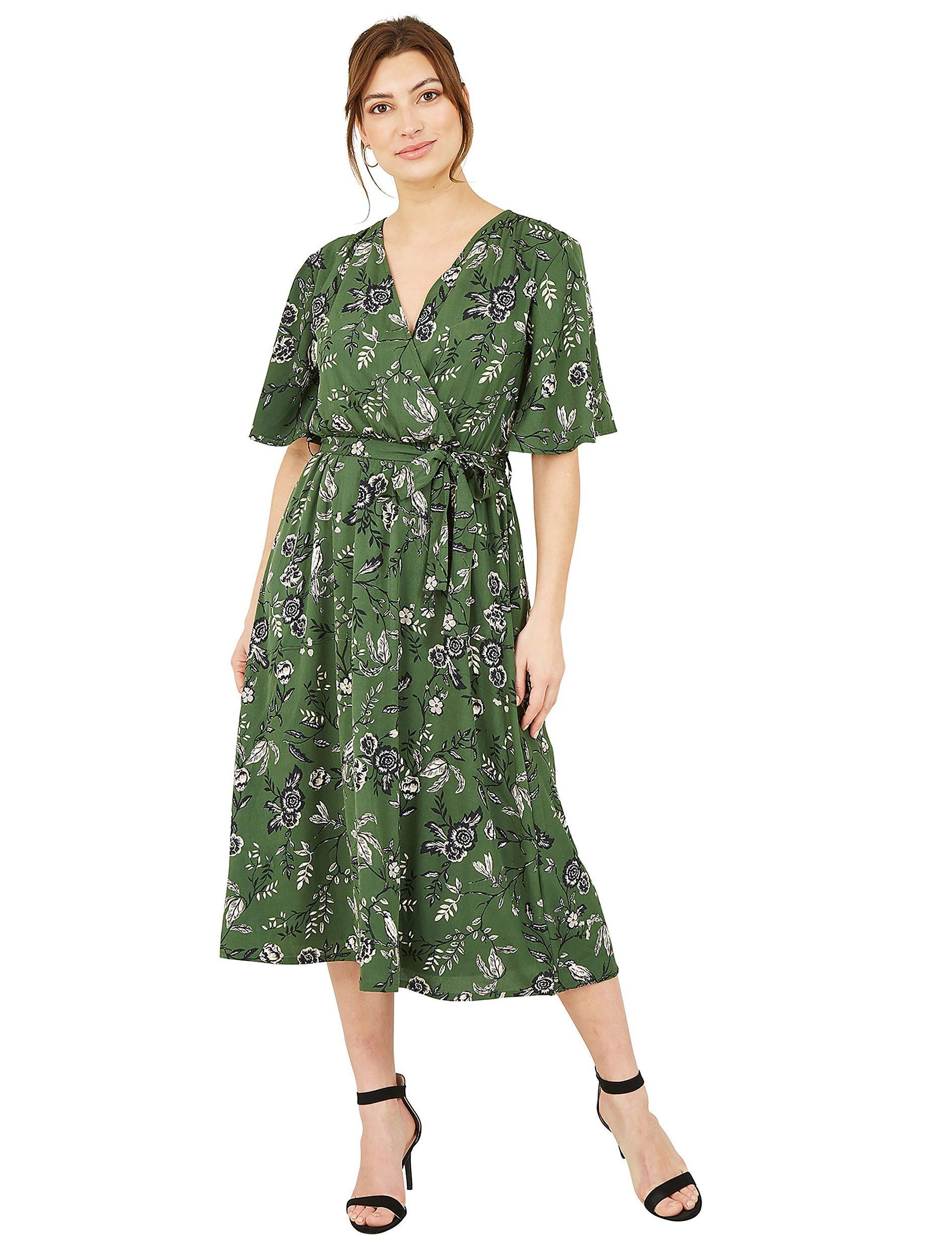 Product image 1 of 4, which shows Yumi Bird Print Wrap Recycled Midi Dress, Green/Multi, 8