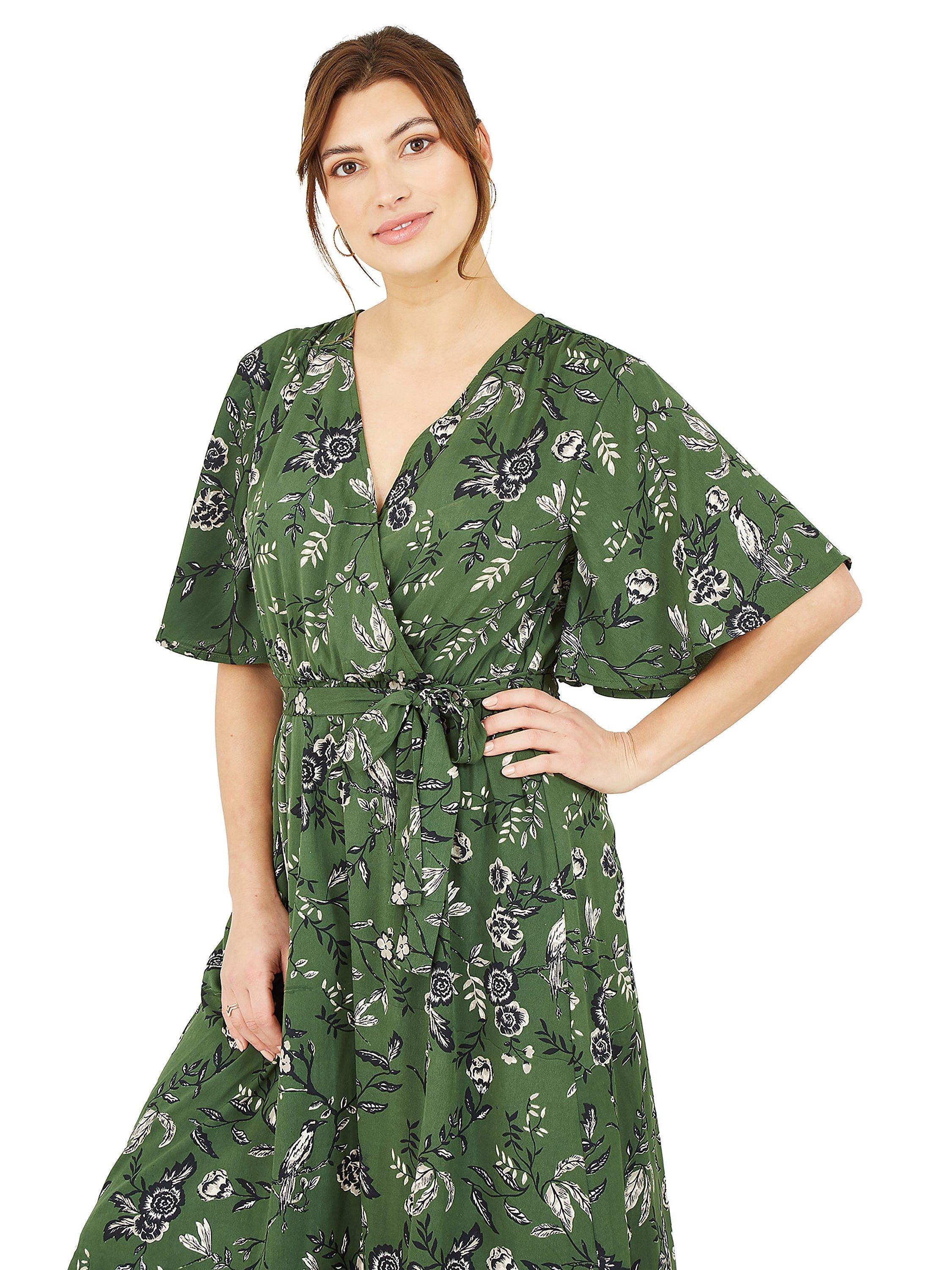Product image 2 of 4, which shows Yumi Bird Print Wrap Recycled Midi Dress, Green/Multi, 8