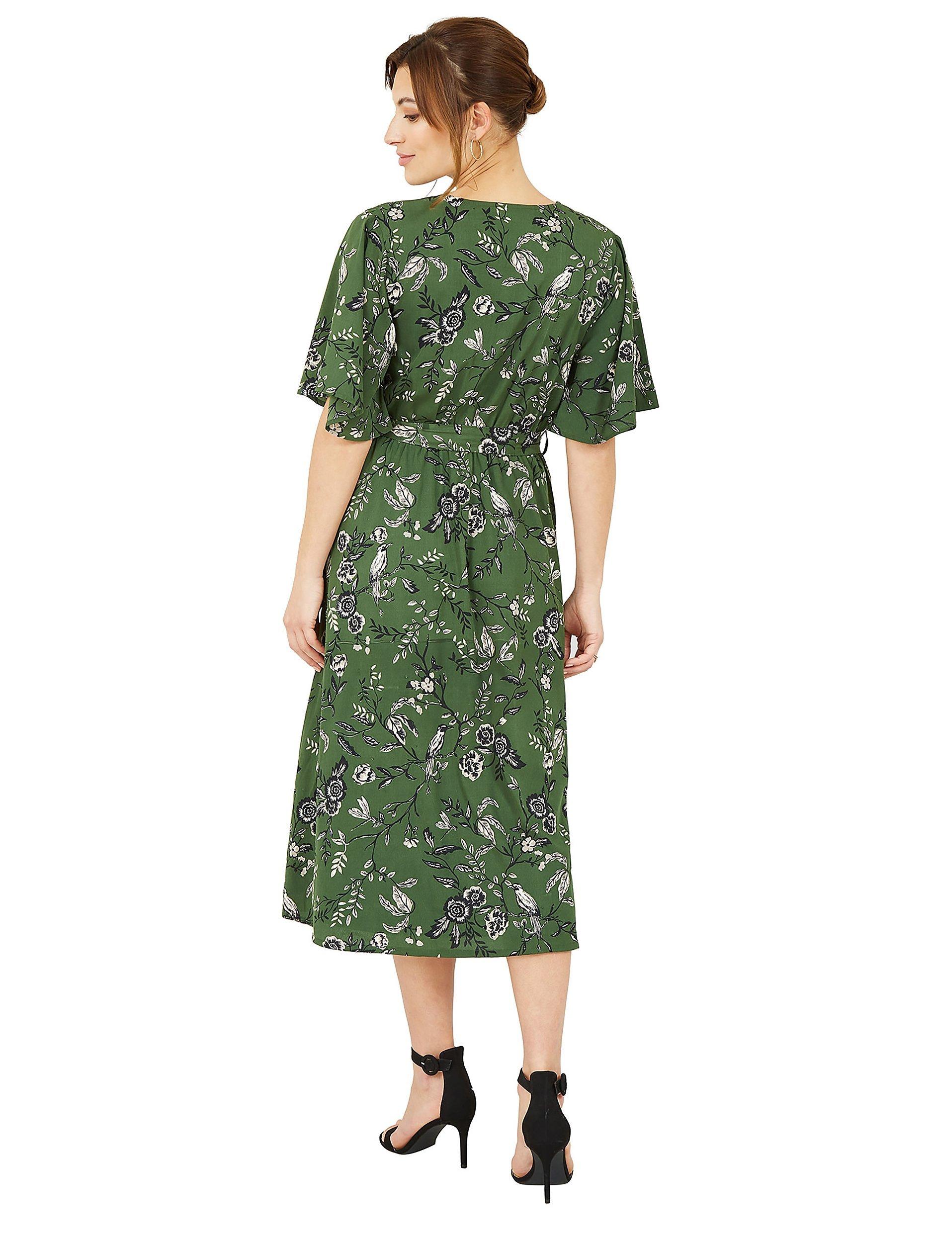 Product image 3 of 4, which shows Yumi Bird Print Wrap Recycled Midi Dress, Green/Multi, 8