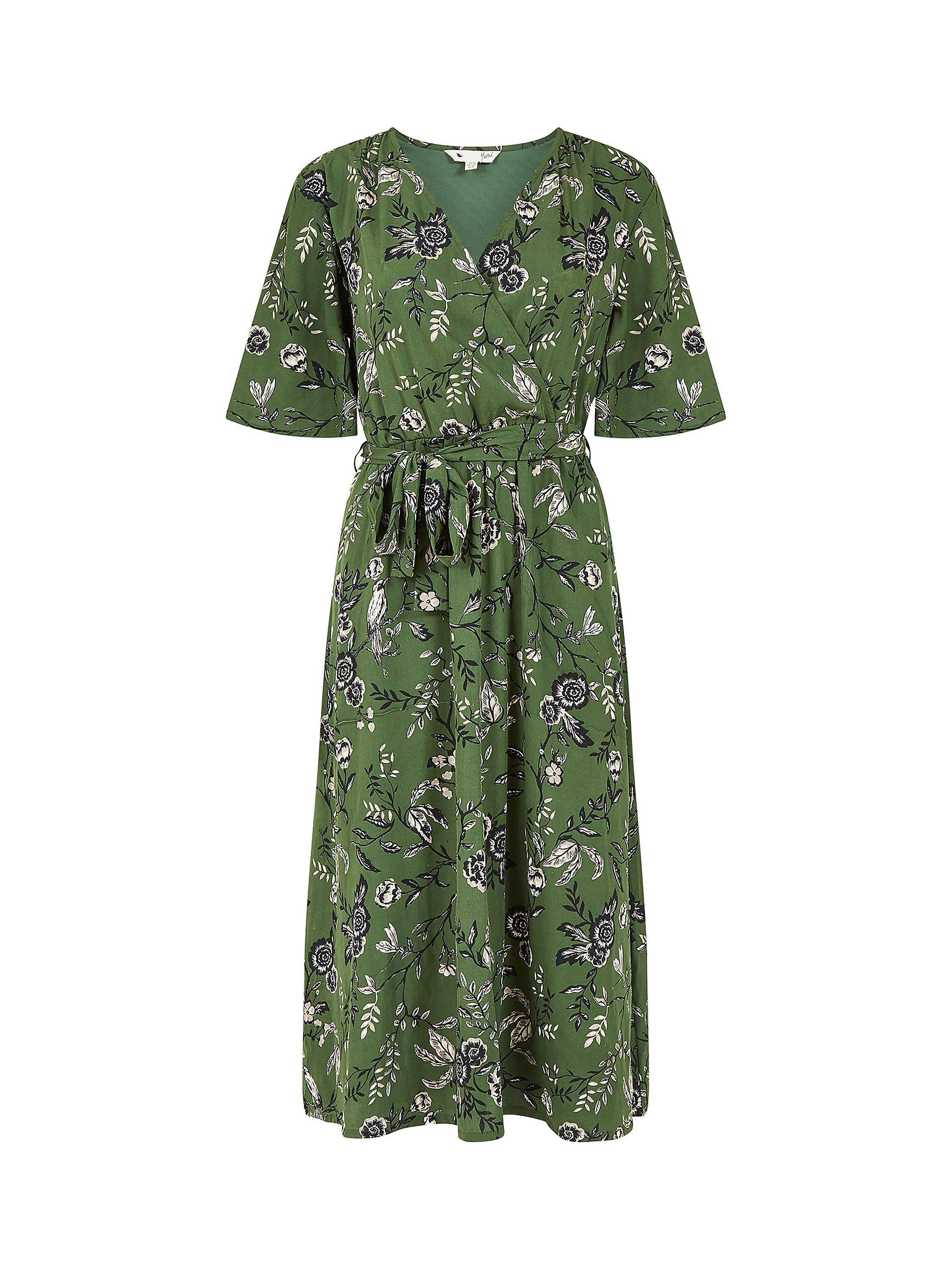Product image 4 of 4, which shows Yumi Bird Print Wrap Recycled Midi Dress, Green/Multi, 8