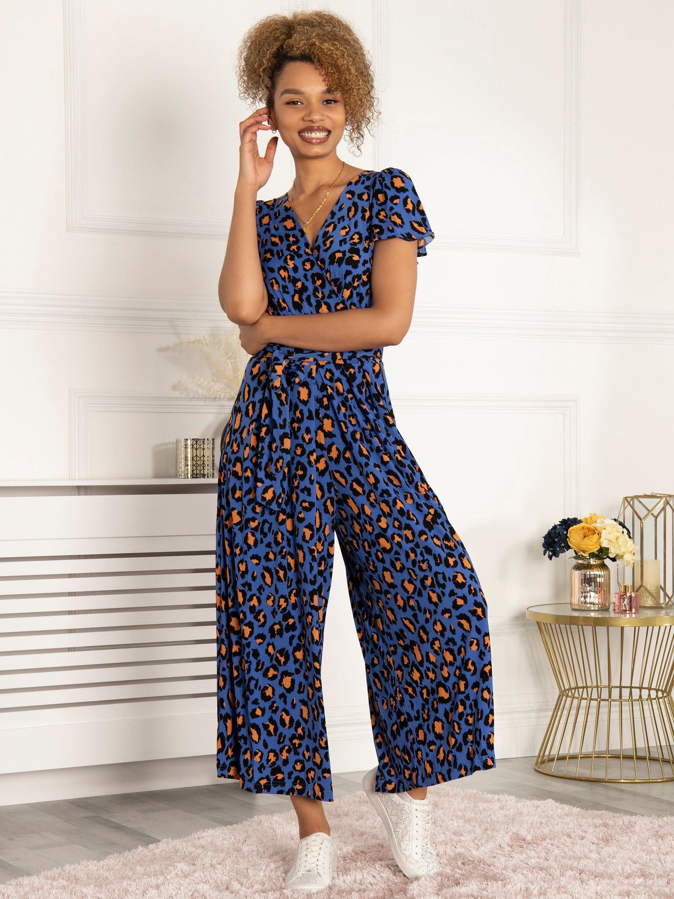 Jolie Moi Devorah Leopard Print Wide Leg Jumpsuit, Blue/Multi