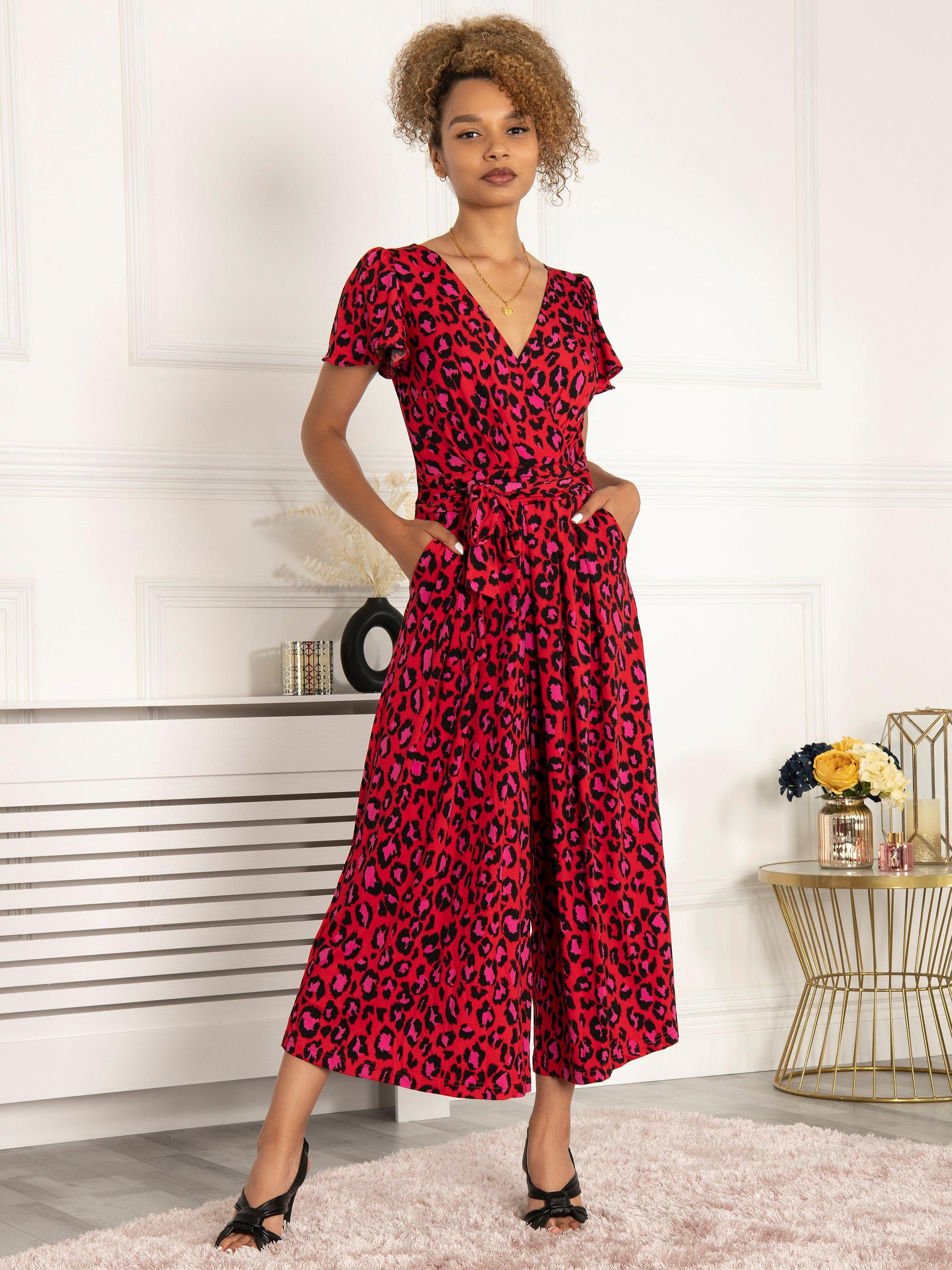 Jolie Moi Devorah Leopard Print Wide Leg Jumpsuit, Red/Multi
