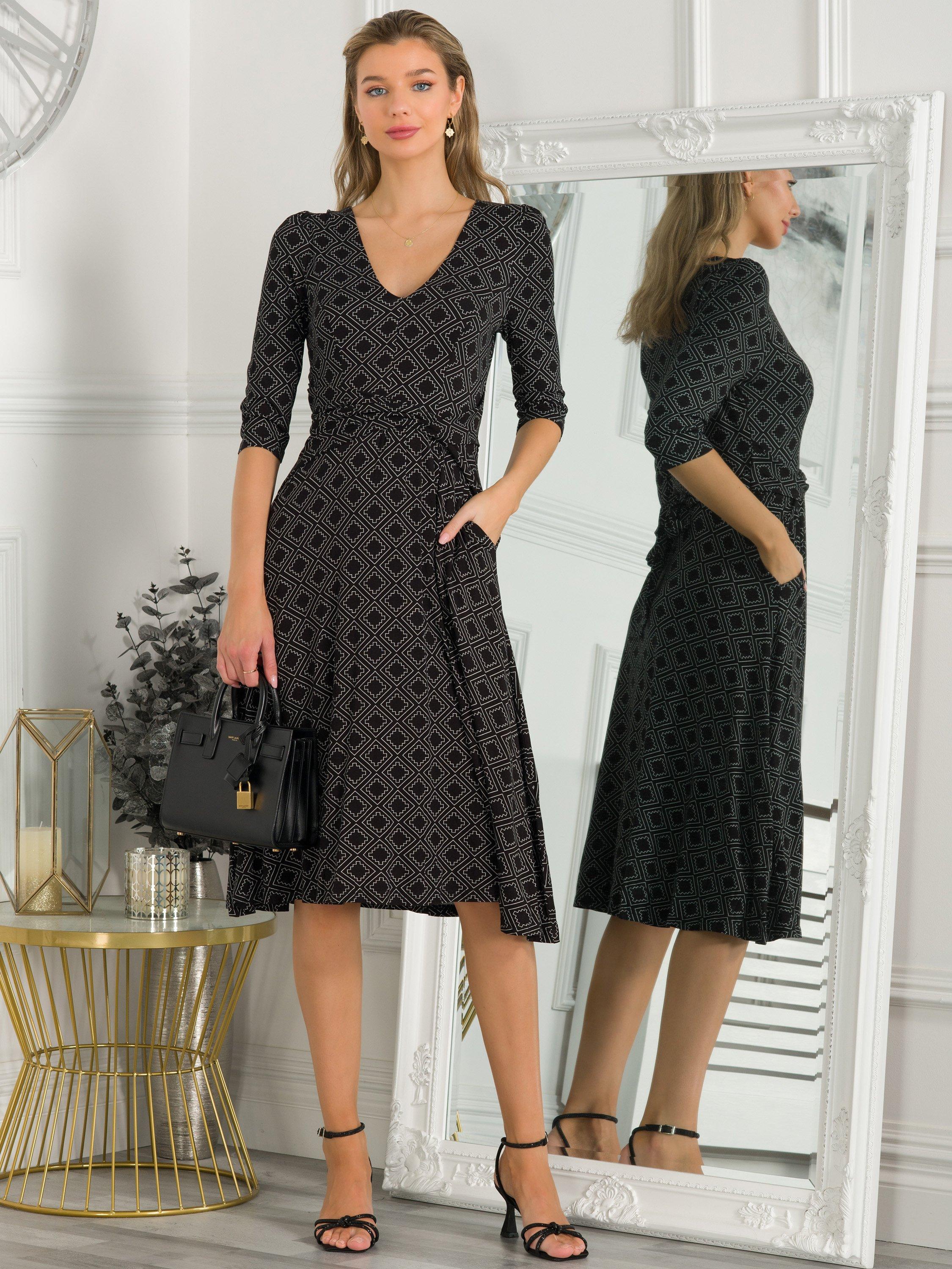 Jolie Moi Delylah V Neck Geometric Print Midi Dress, Black