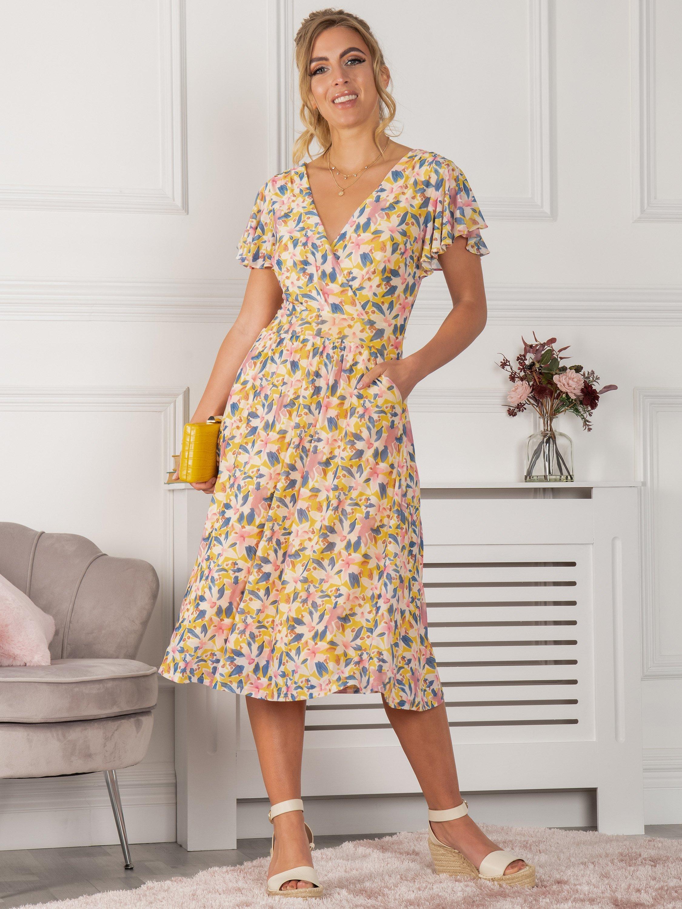 Jolie Moi Kaylynn Floral Flared Midi Dress, Yellow/Multi