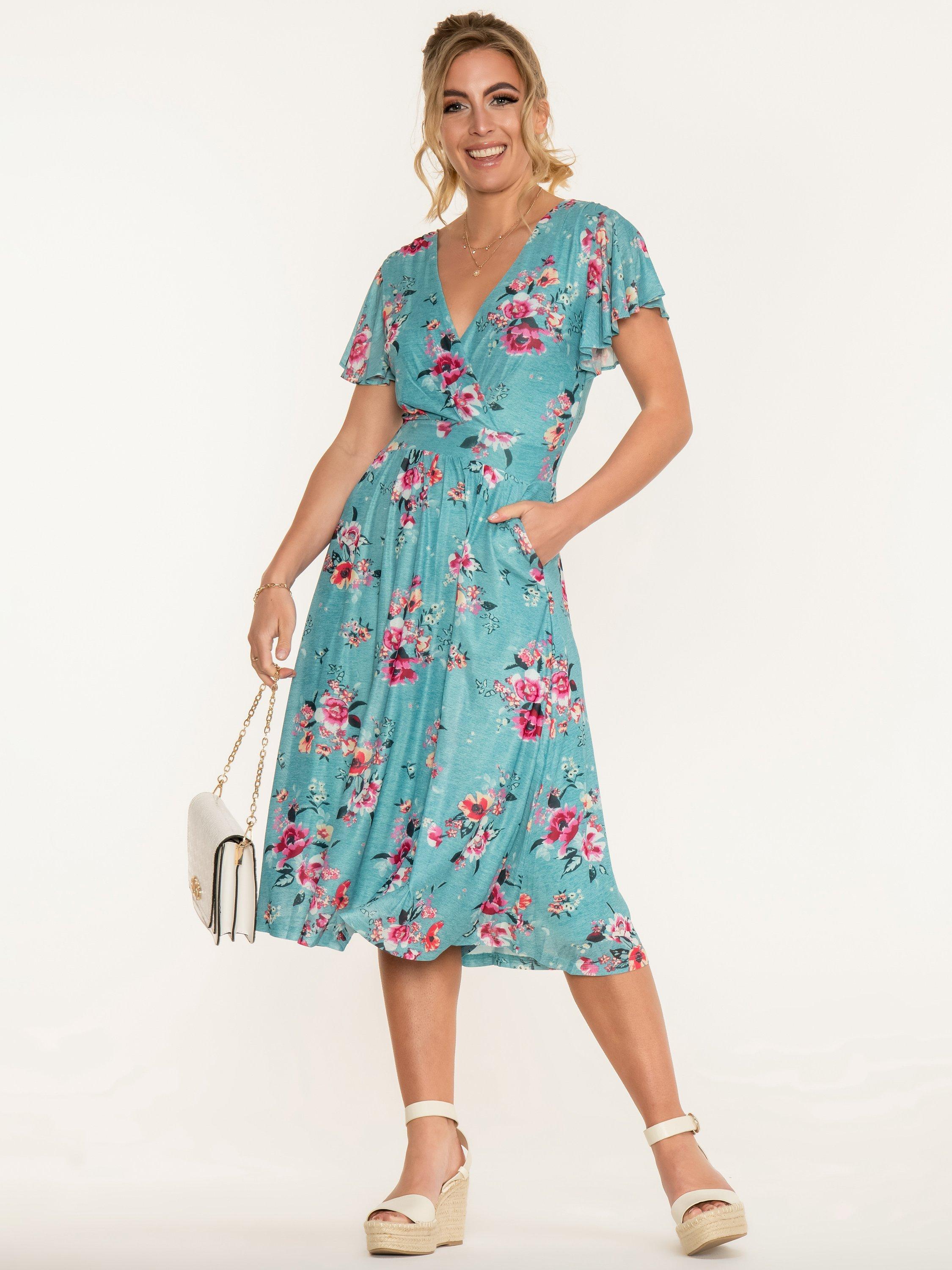 Jolie Moi Kiley Wrap Front Floral Mesh Midi Dress, Turquoise/Multi