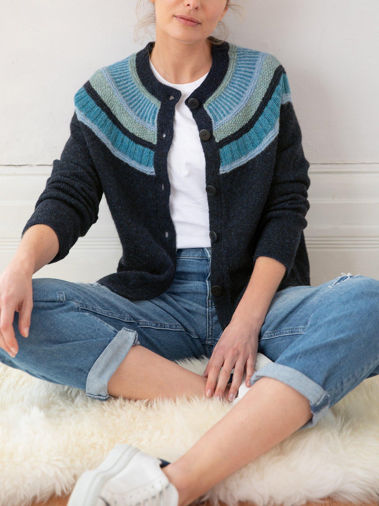Celtic & Co. Shetland Statement Yoke Cardigan, Navy/Multi