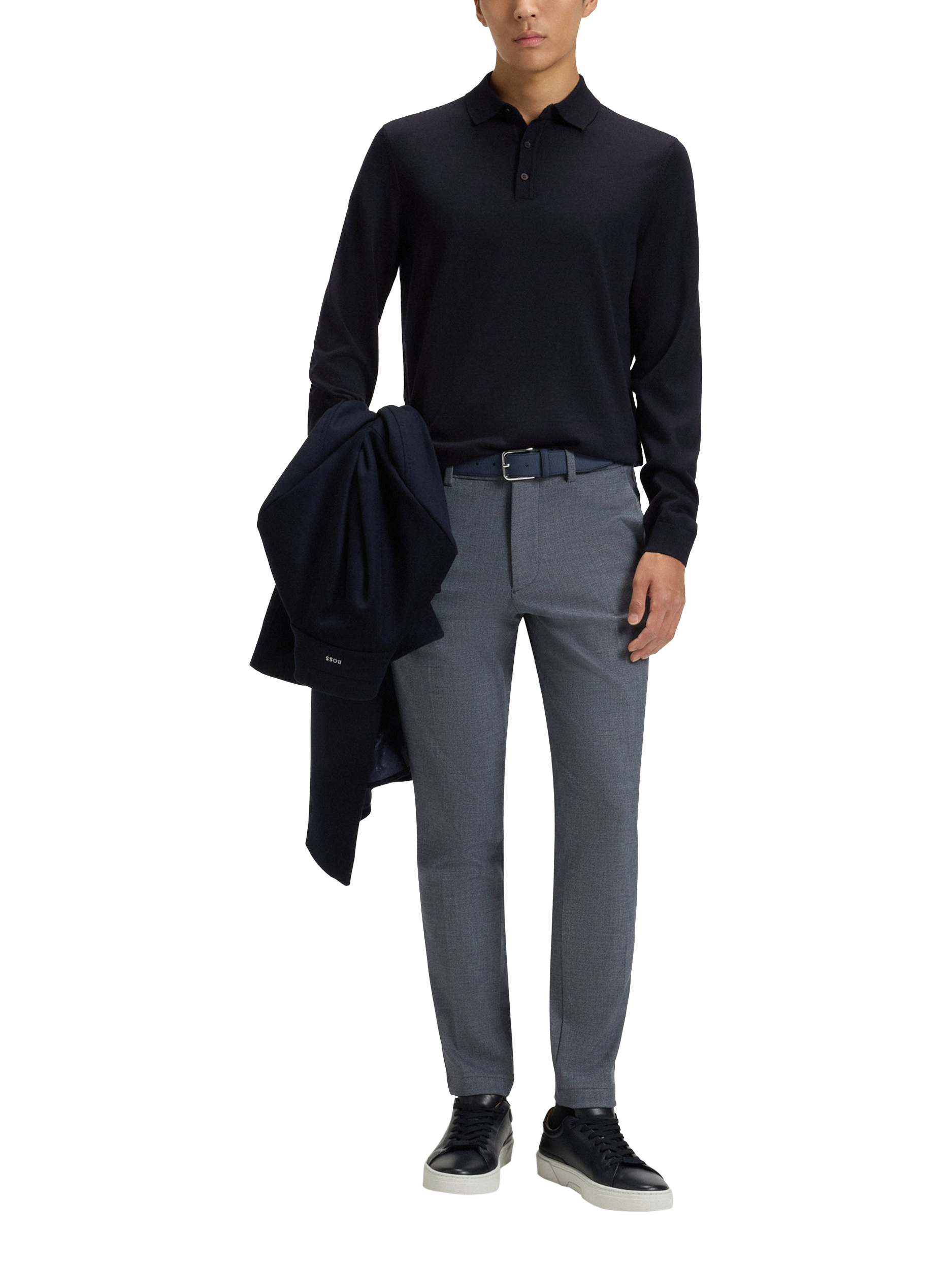 Product image 3 of 5, which shows BOSS Slim Fit Wool Knit Polo, Dark Blue, S