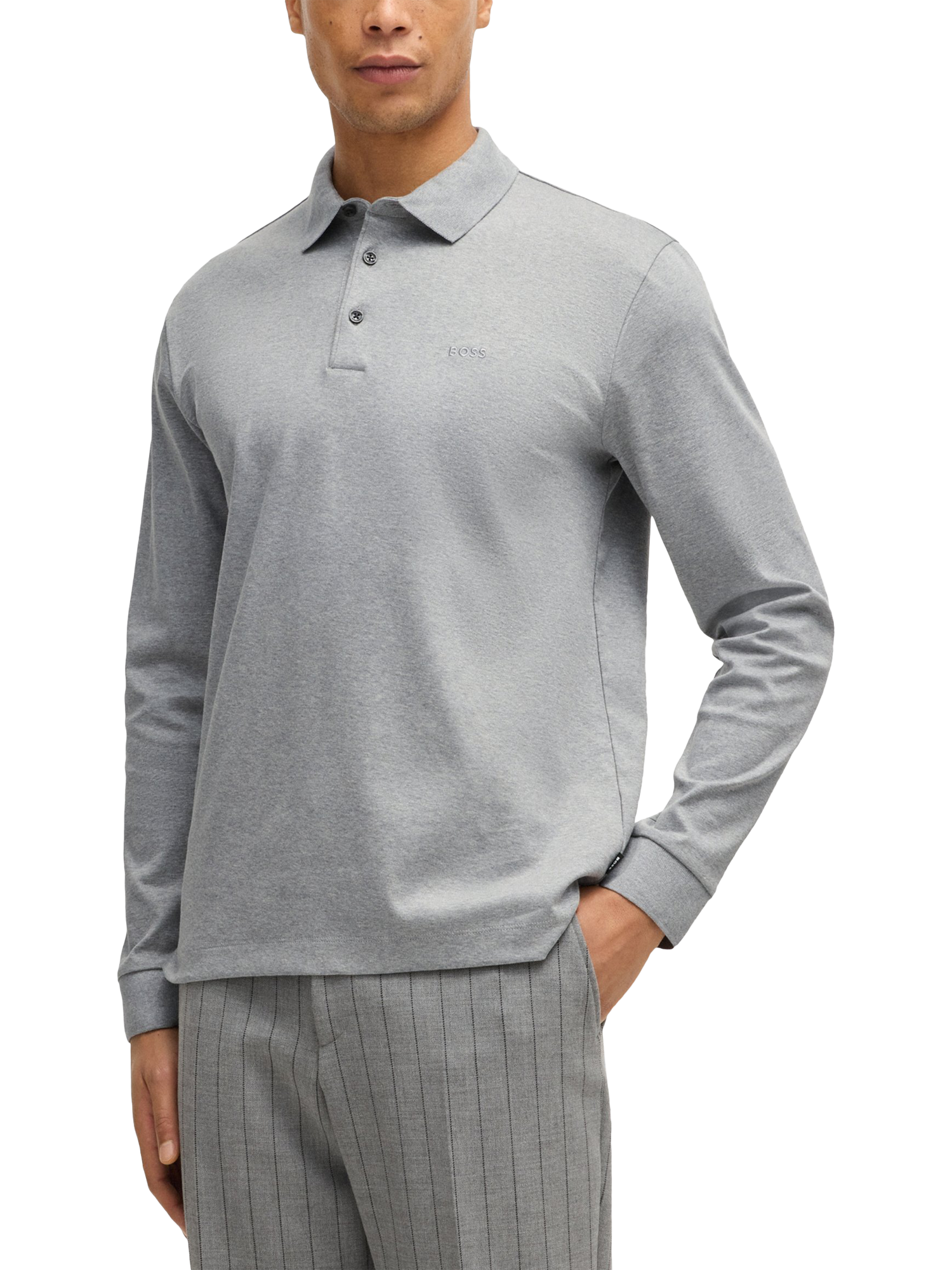 Product image 1 of 5, which shows BOSS Pado Long Sleeve Polo Top, Silver, L