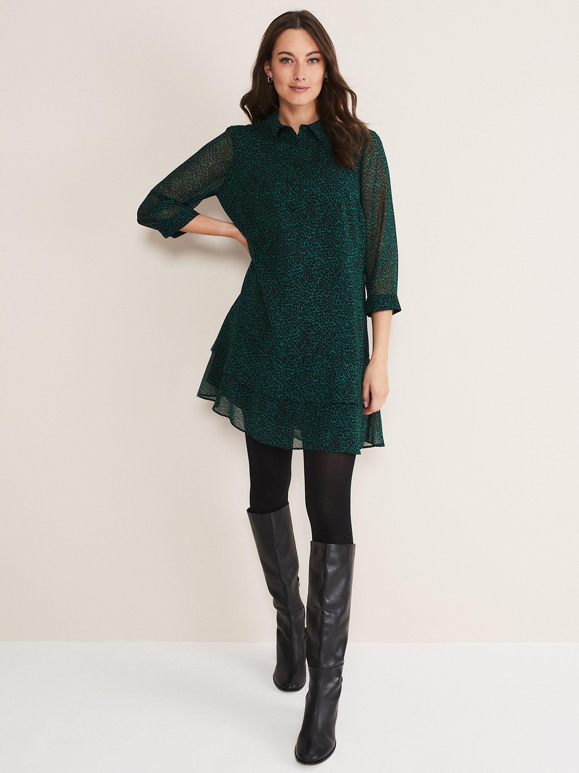 Phase Eight Penelope Abstract Print Chiffon Tiered Dress, Green/Black