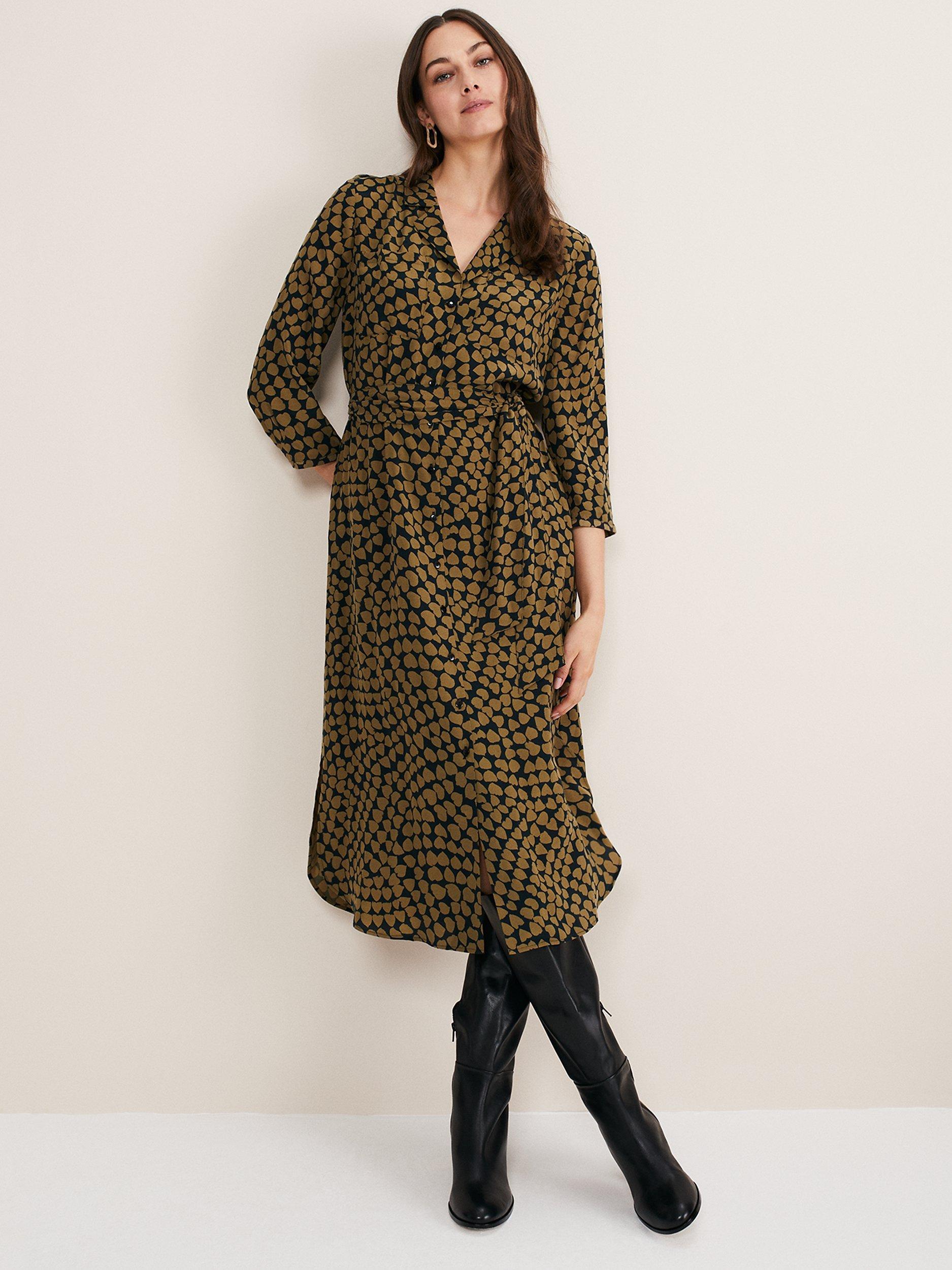 Phase Eight Kesia Heart Print Shirt Dress, Khaki/Black