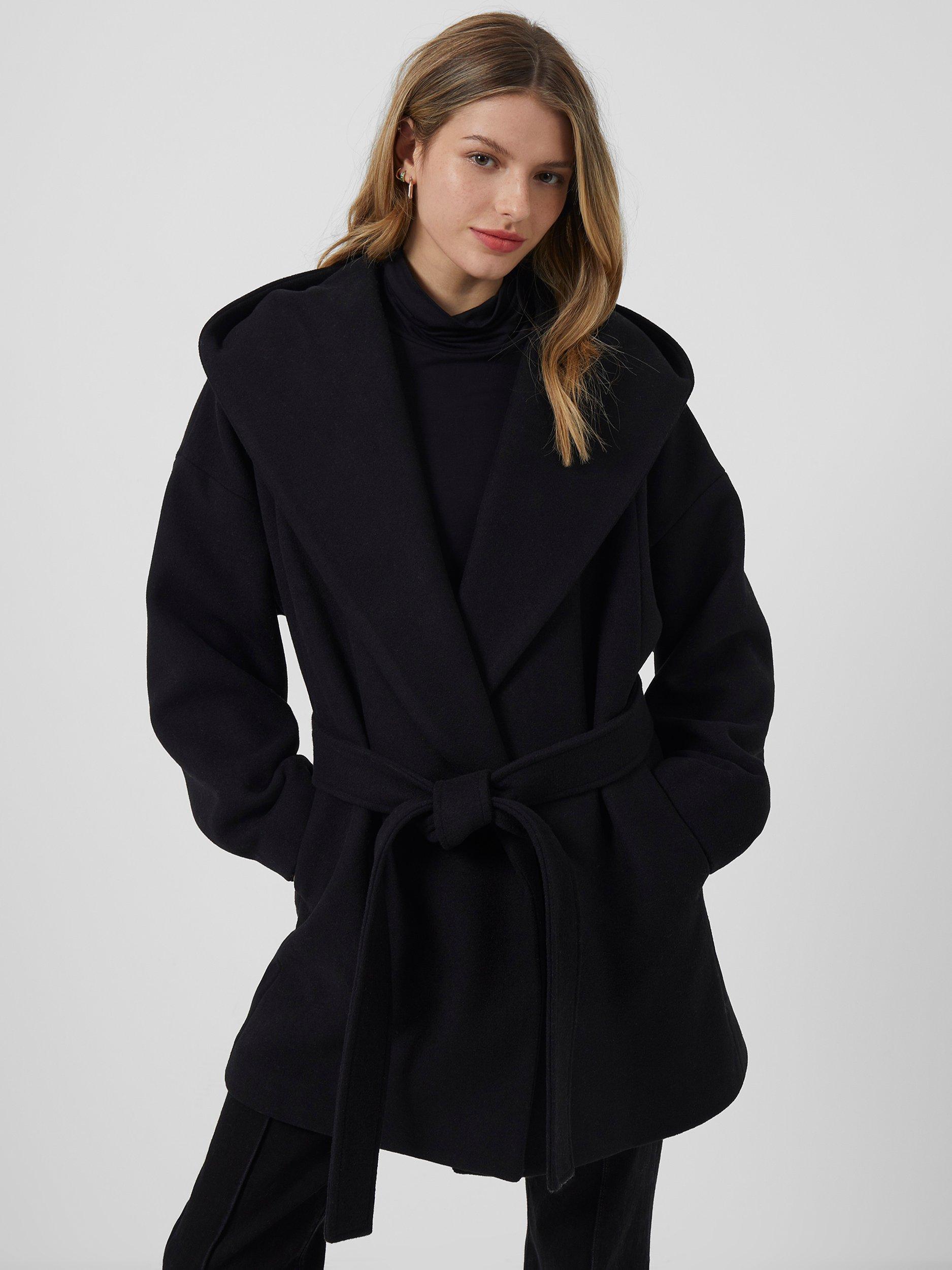 French Connection Favan Felt Hooded Coat, Black