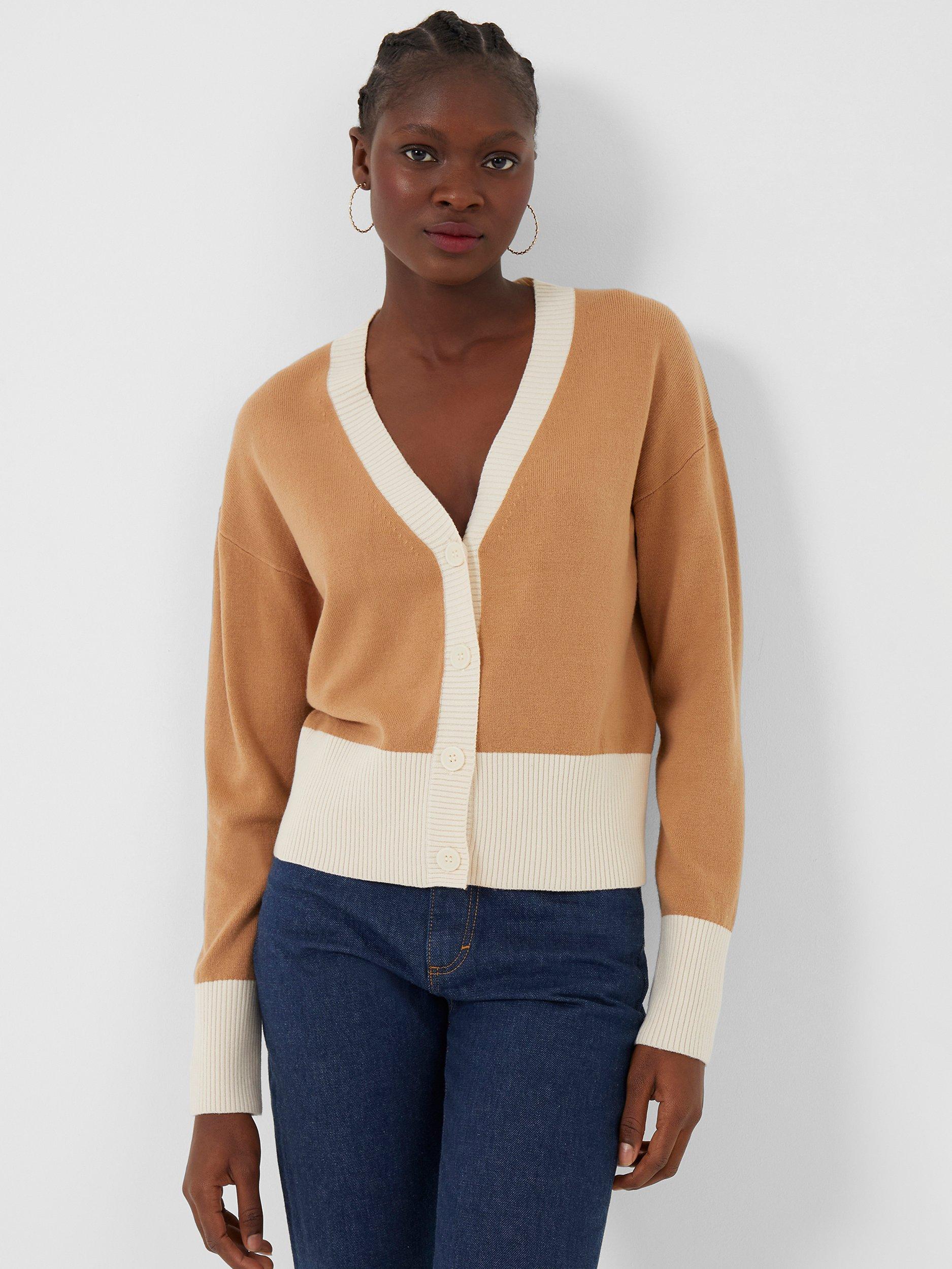 French Connection Lisa Colour Block Cardigan, Camel/Classic Cream 