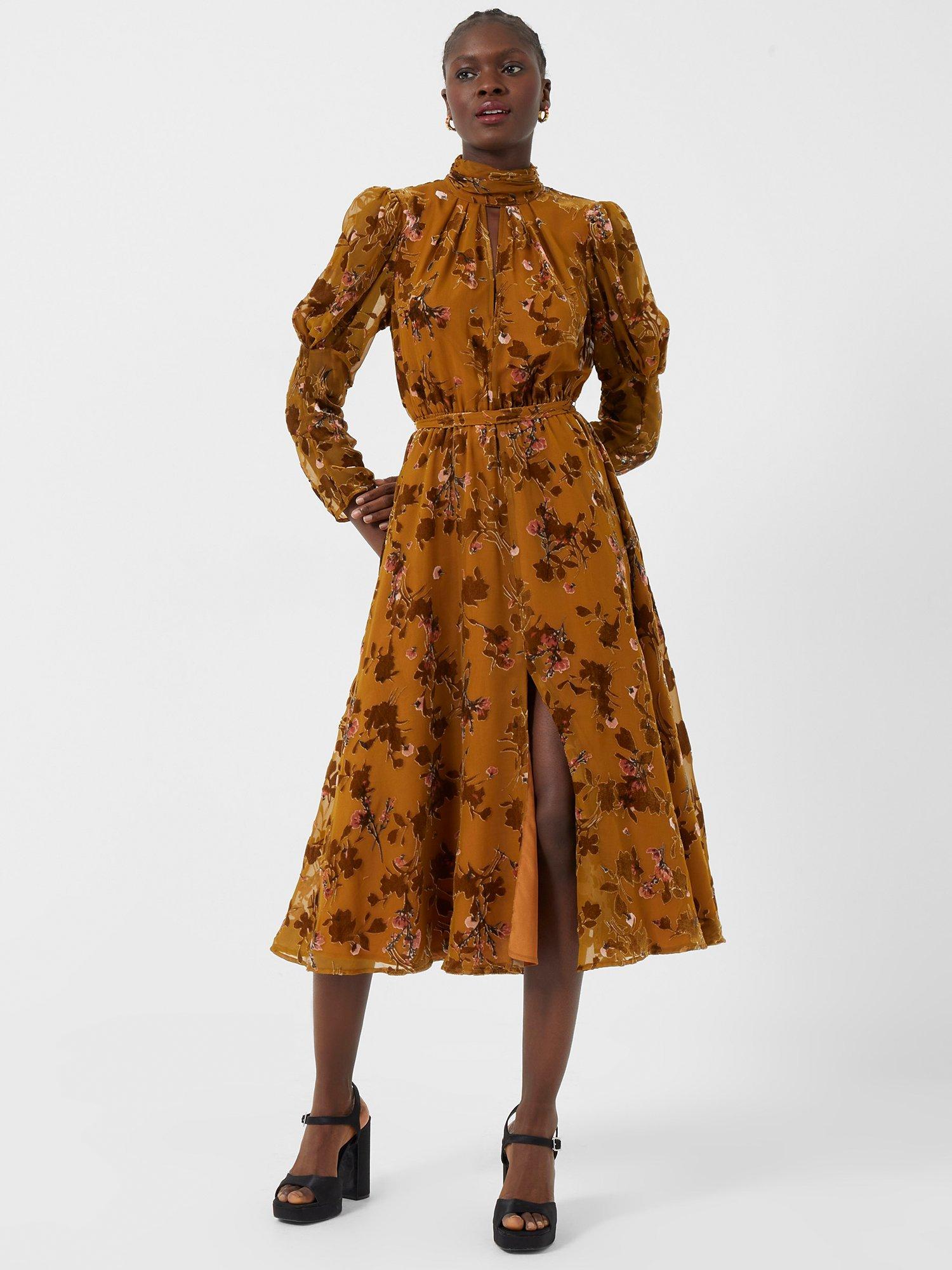 French Connection Guthern Burnout Floral Midi Dress, Gold