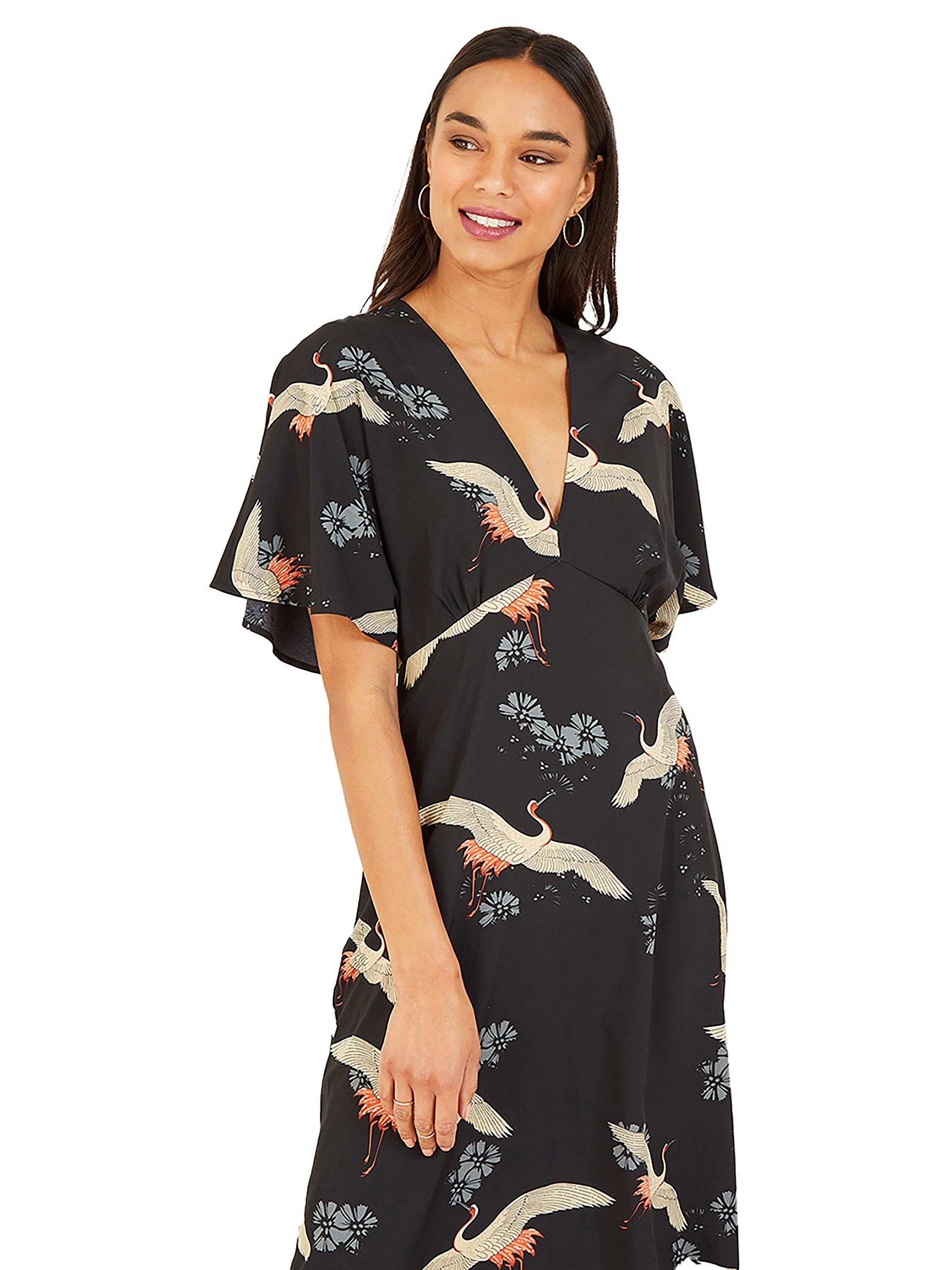 Product image 2 of 4, which shows Yumi Crane Print Midi Dress, Black/Multi, 8
