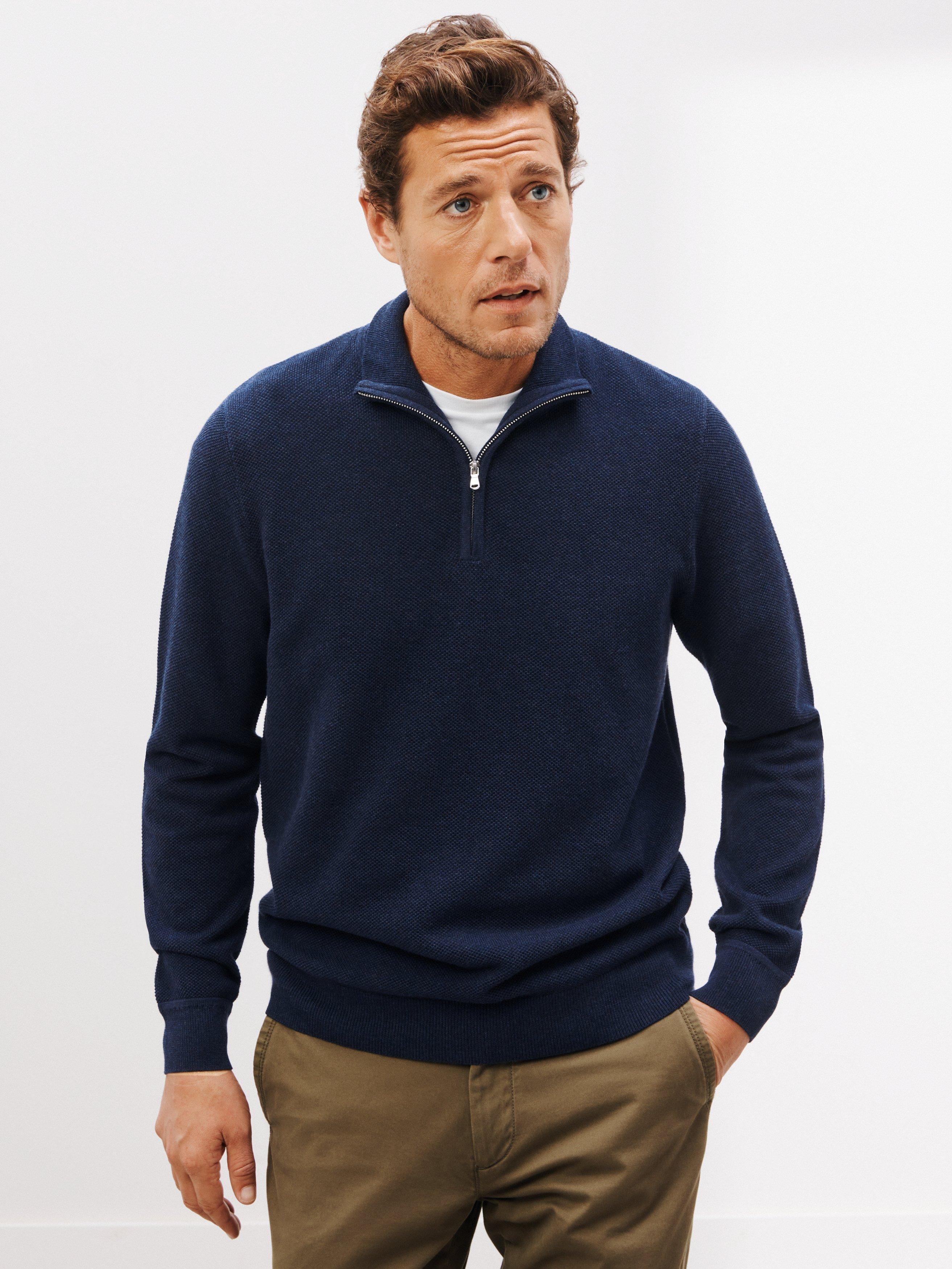 John Lewis Seed Stitch Half Zip Cotton Jumper, Navy