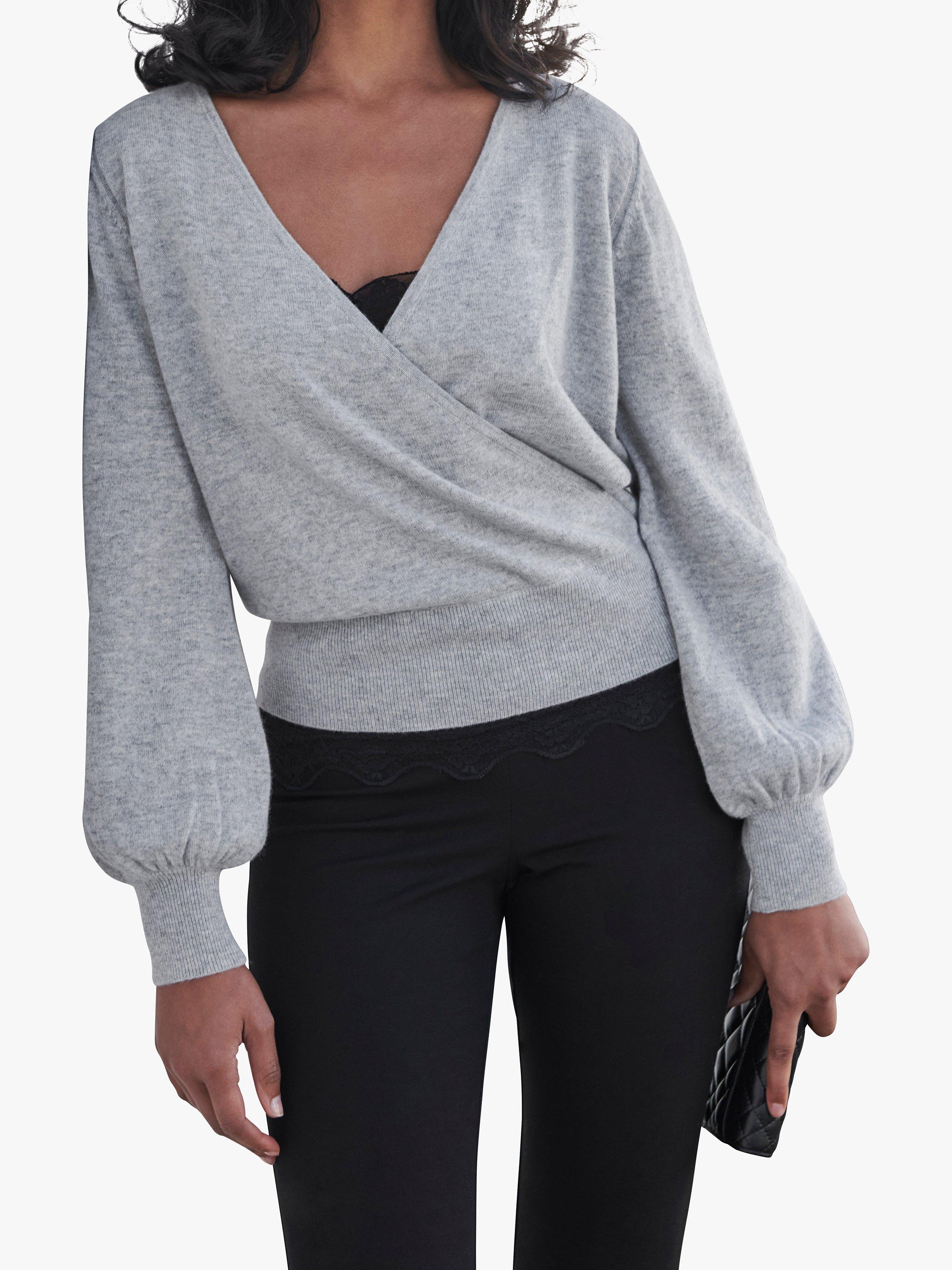 Product image 3 of 3, which shows Pure Collection Wool Cashmere Wrap Over Jumper, Heather Dove, 8