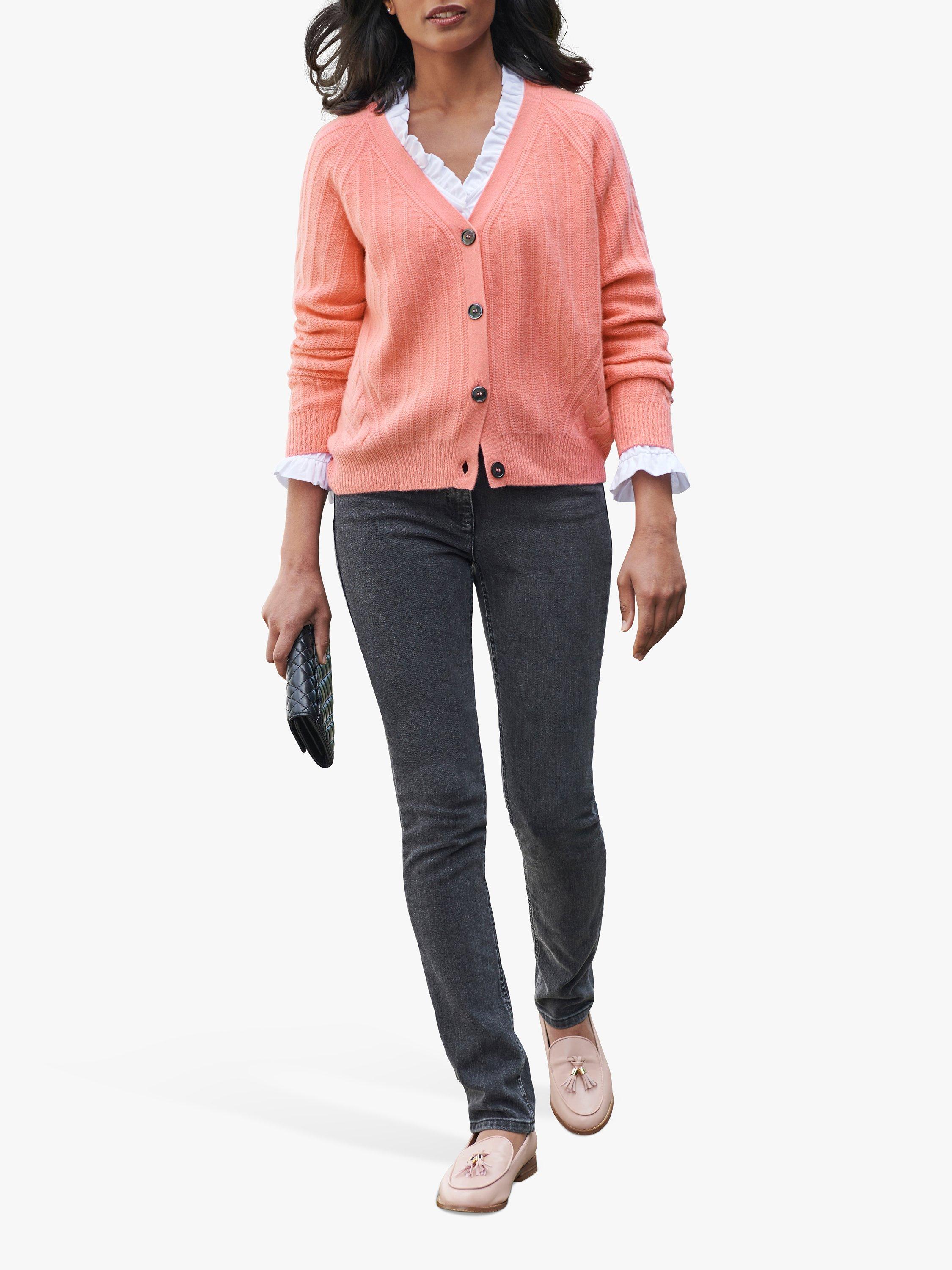 Product image 1 of 3, which shows Pure Collection Cashmere Cable Knit Cardigan, Soft Coral, 8