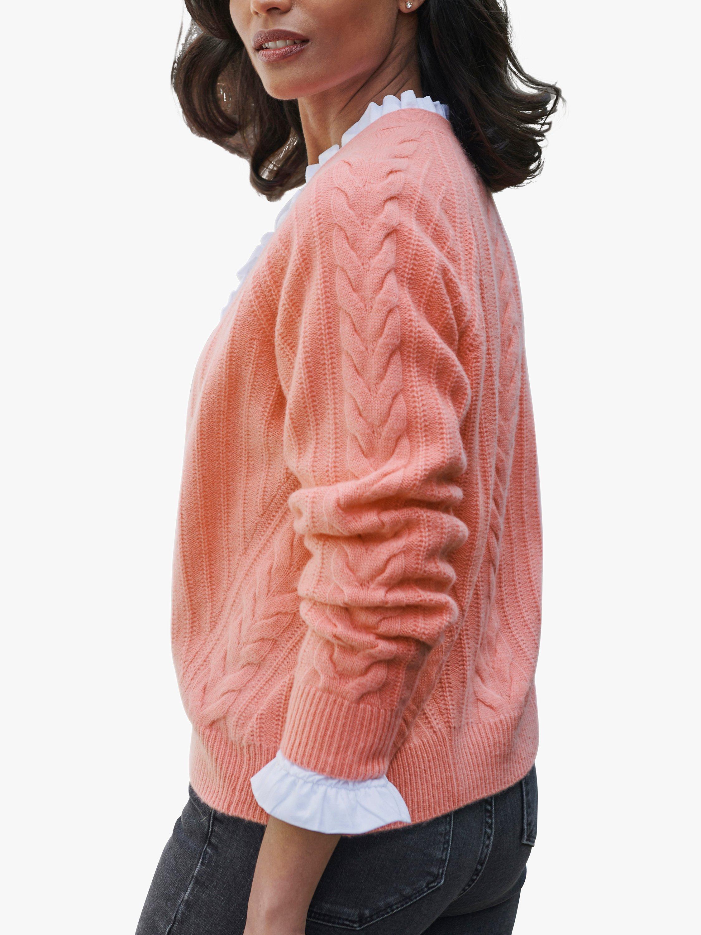 Product image 2 of 3, which shows Pure Collection Cashmere Cable Knit Cardigan, Soft Coral, 8