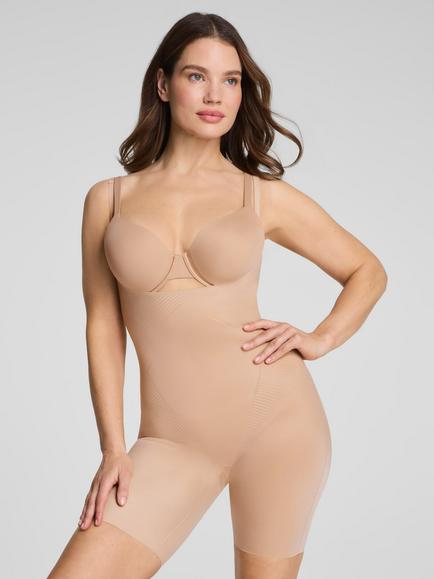 Spanx SPANXshape™ Medium Compression Invisible Open-Bust Mid-Thigh Bodysuit, Champagne Beige