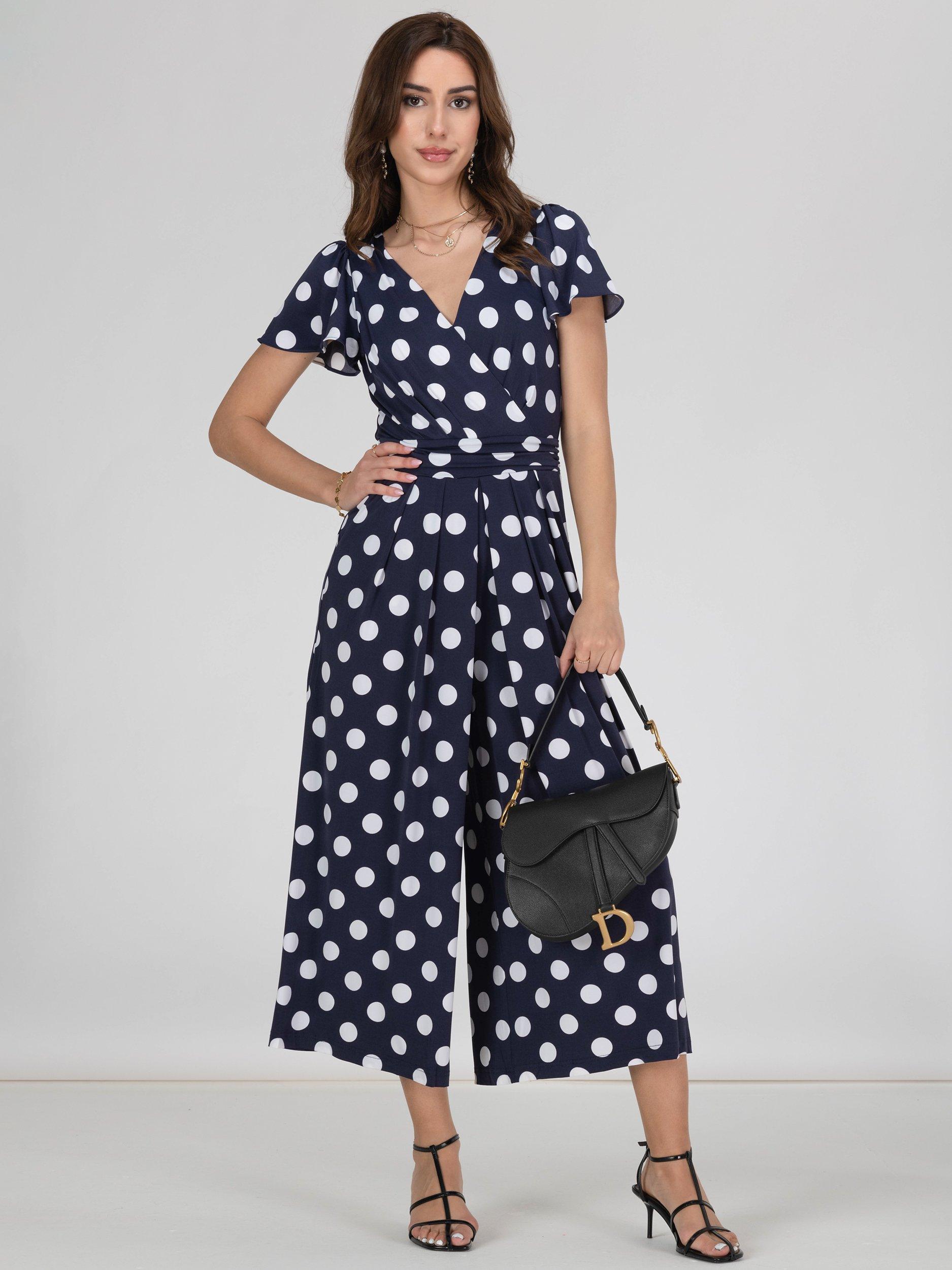 Jolie Moi Devorah Polka Dot Culottes Jumpsuit, Navy/White