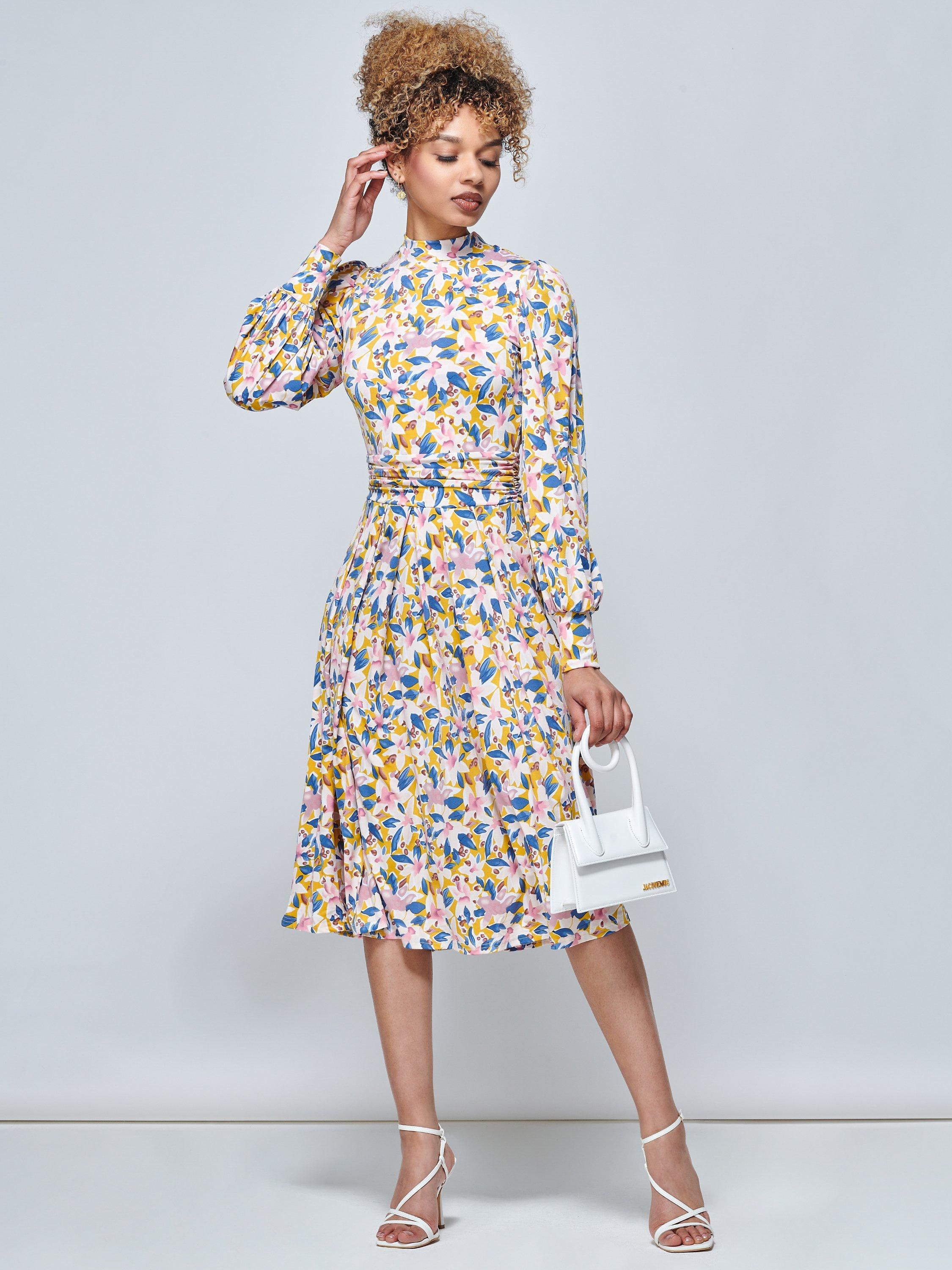 Jolie Moi Vesper Long Sleeve Floral Midi Dress, Yellow/Multi