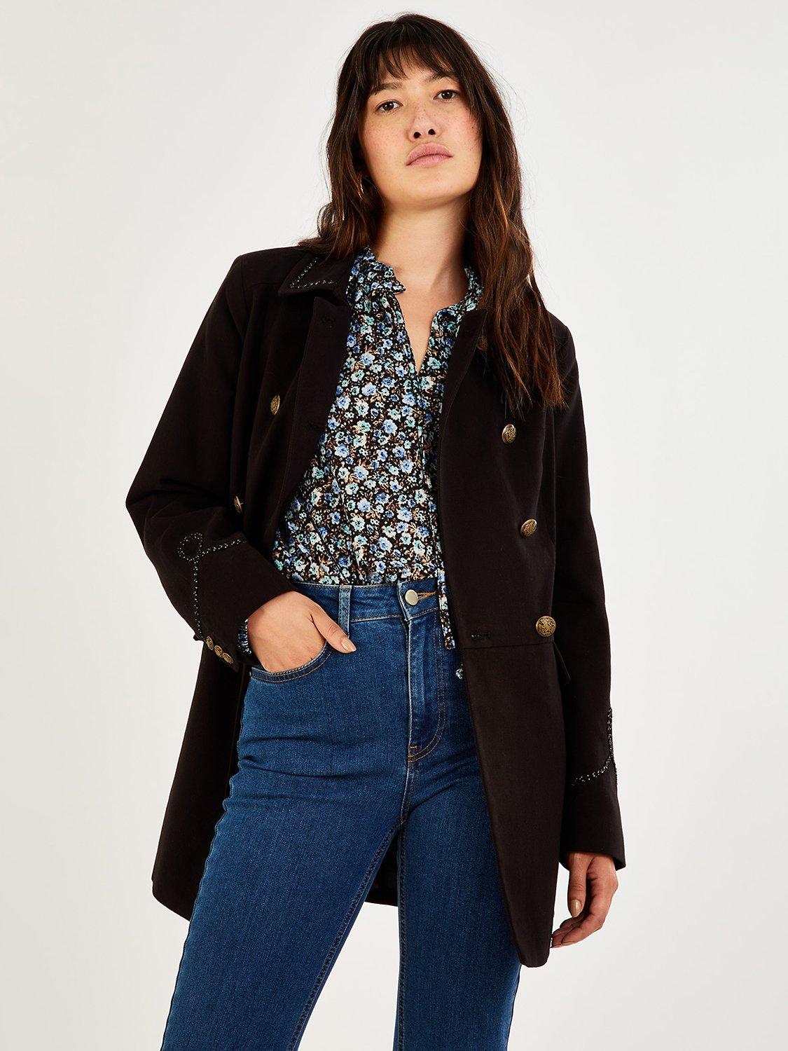 Monsoon Myla Military Detail Coat, Black