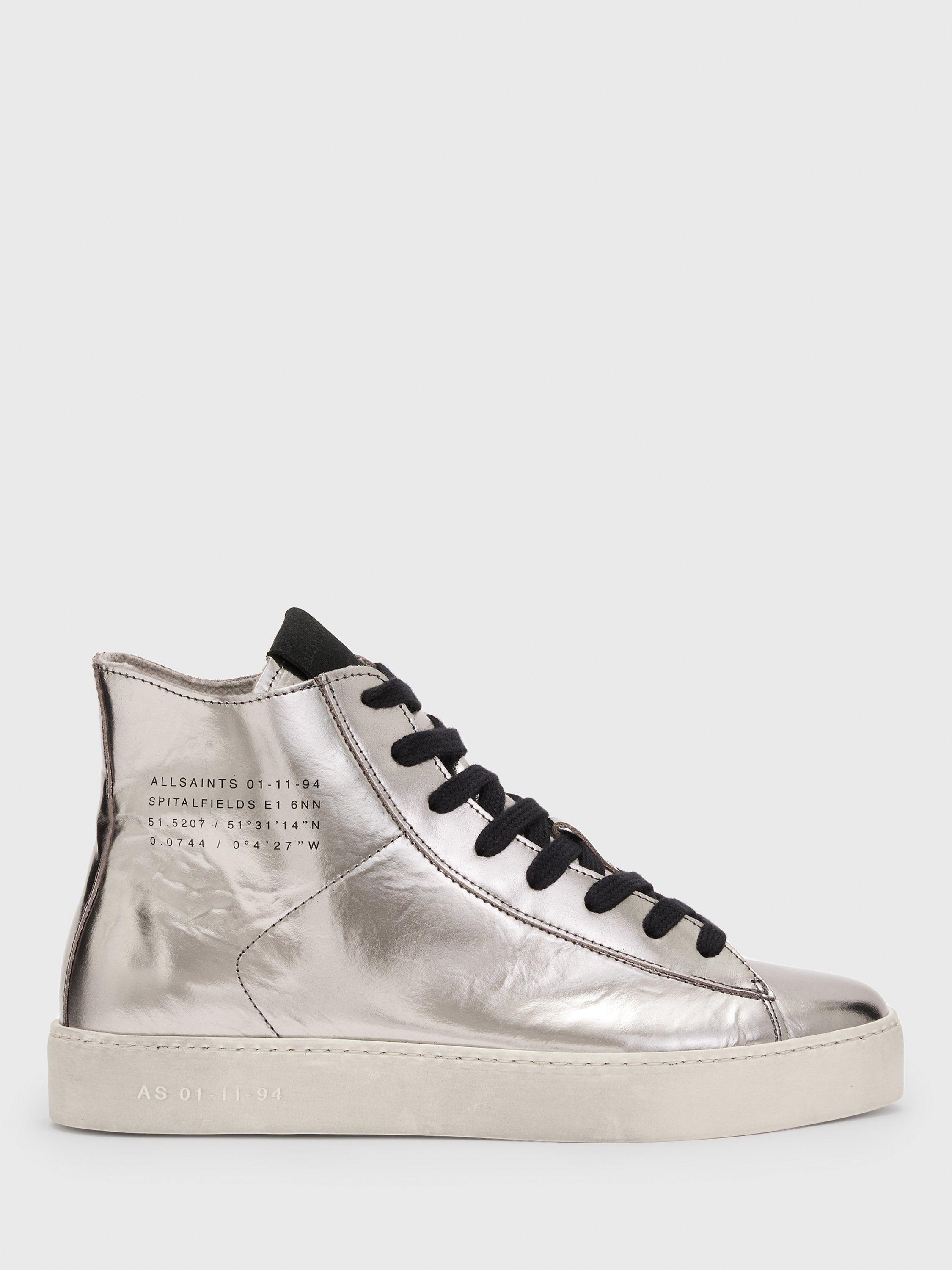 AllSaints Tana Leather Hi-Top Trainers, Silver, 3