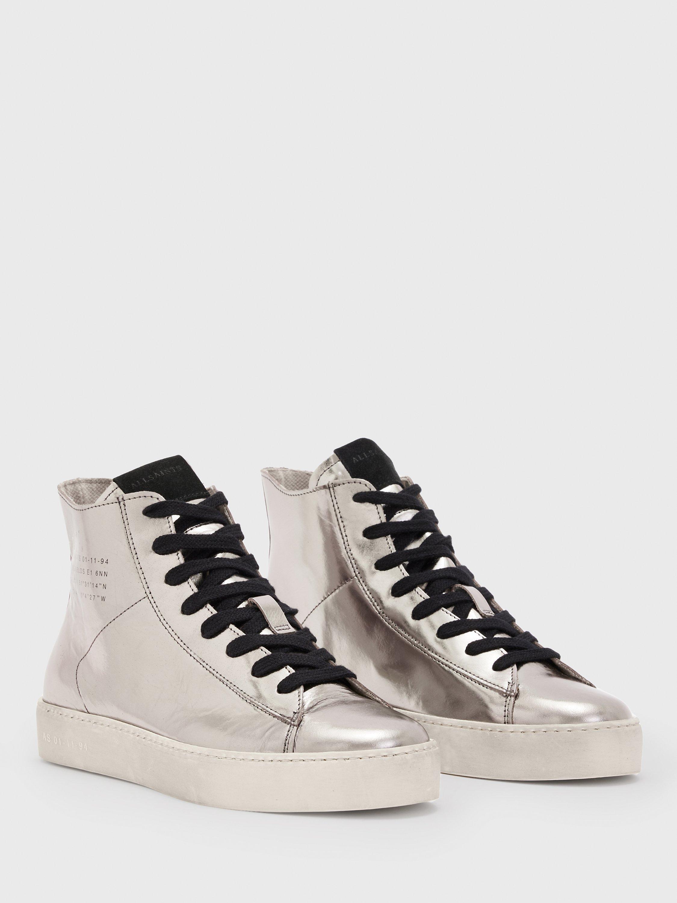 AllSaints Tana Leather Hi-Top Trainers, Silver, 3