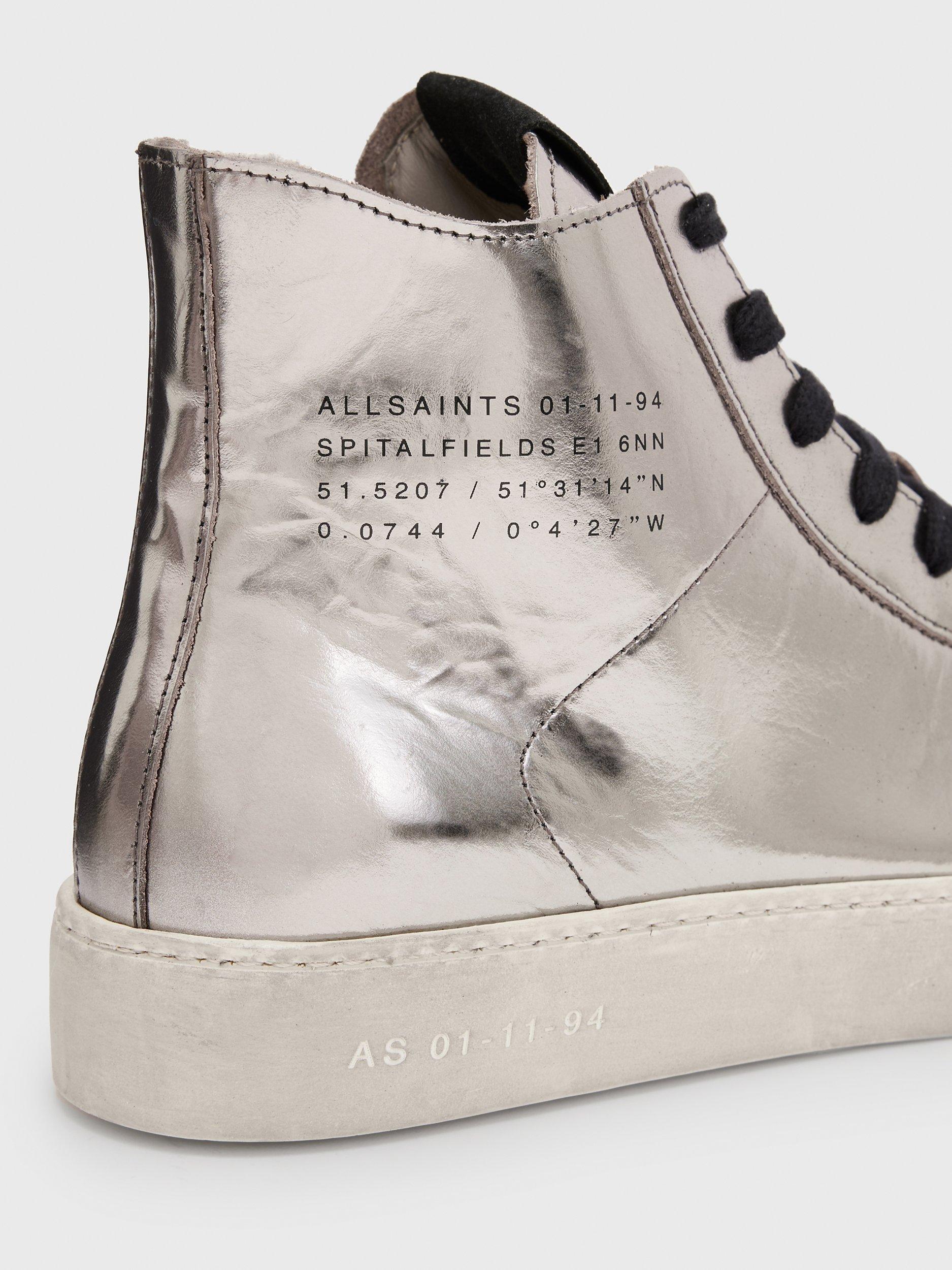 AllSaints Tana Leather Hi-Top Trainers, Silver, 3