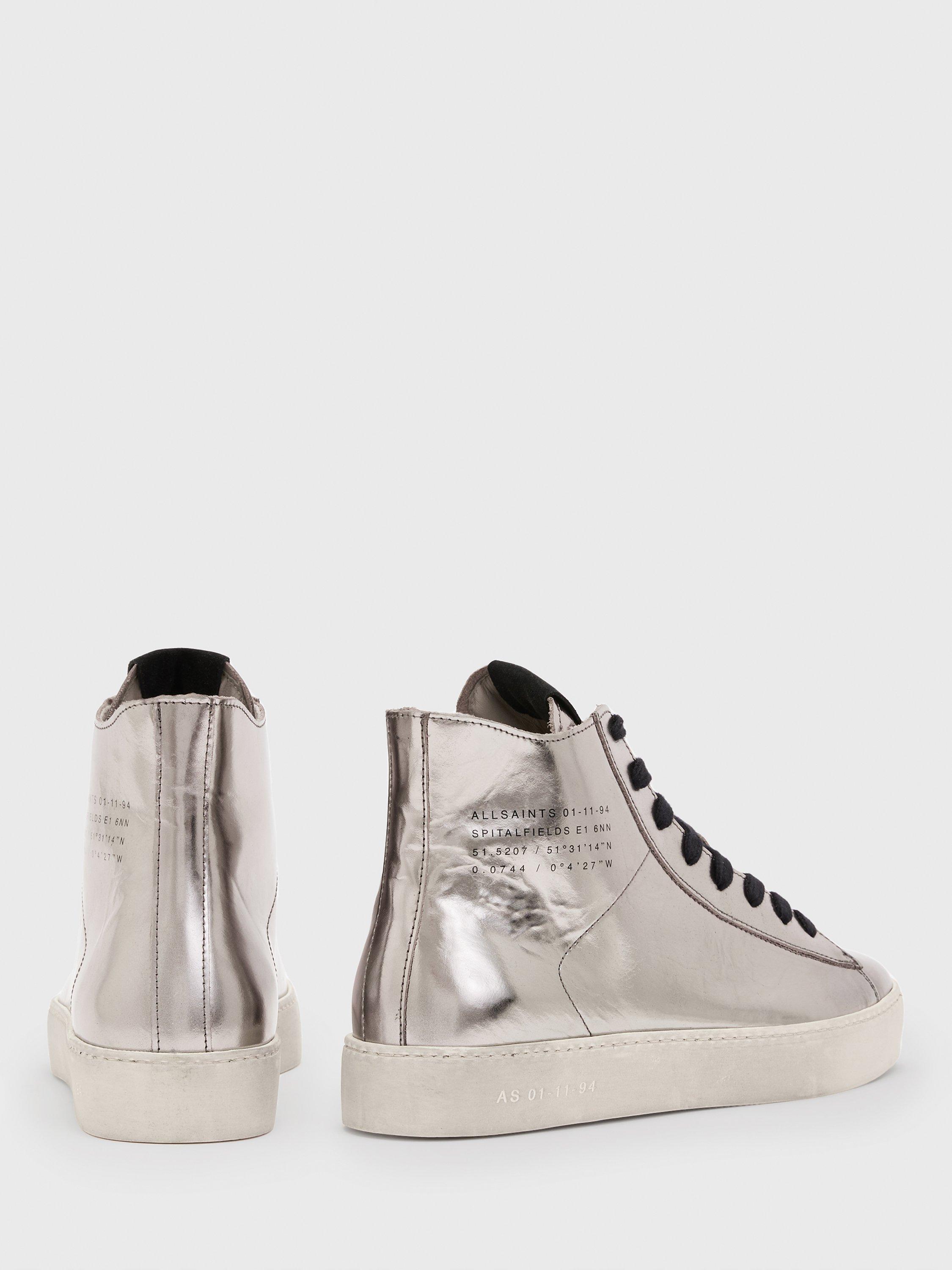 AllSaints Tana Leather Hi-Top Trainers, Silver, 3