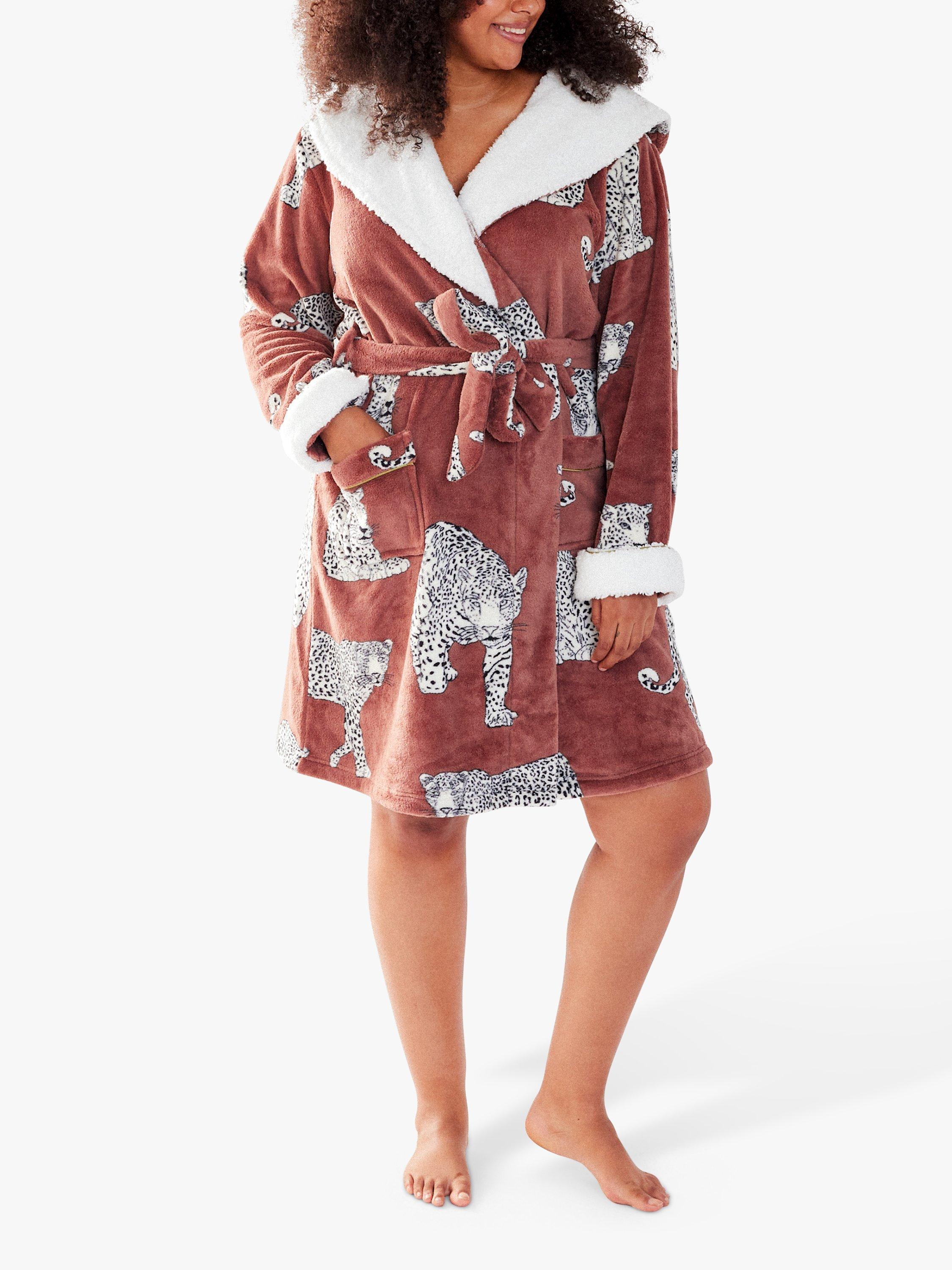 Product image 1 of 4, which shows Chelsea Peers Curve Leopard Fluffy Dressing Gown, Chocolate Brown, 18