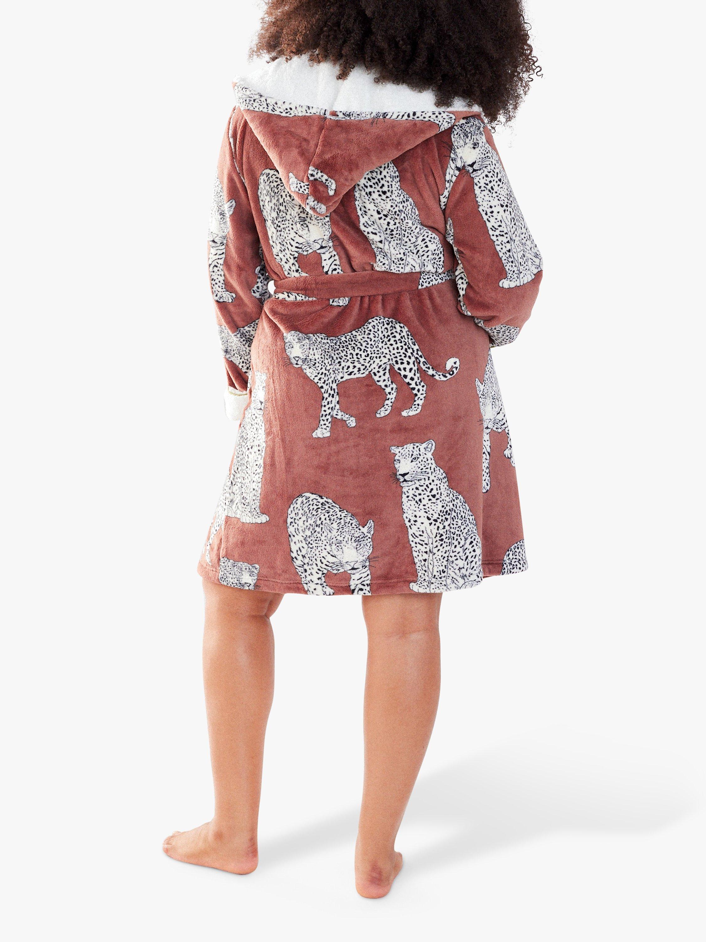 Product image 2 of 4, which shows Chelsea Peers Curve Leopard Fluffy Dressing Gown, Chocolate Brown, 18