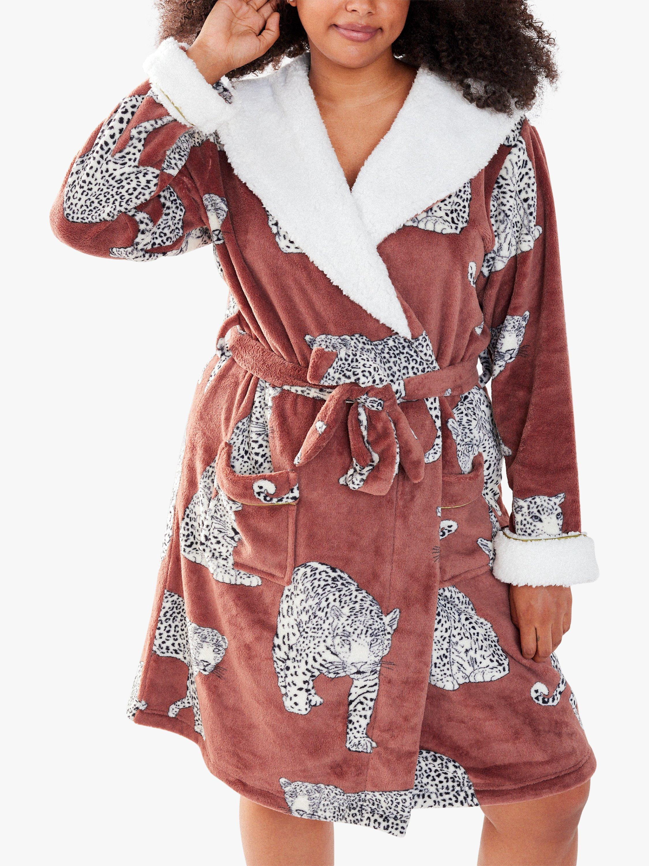 Product image 3 of 4, which shows Chelsea Peers Curve Leopard Fluffy Dressing Gown, Chocolate Brown, 18
