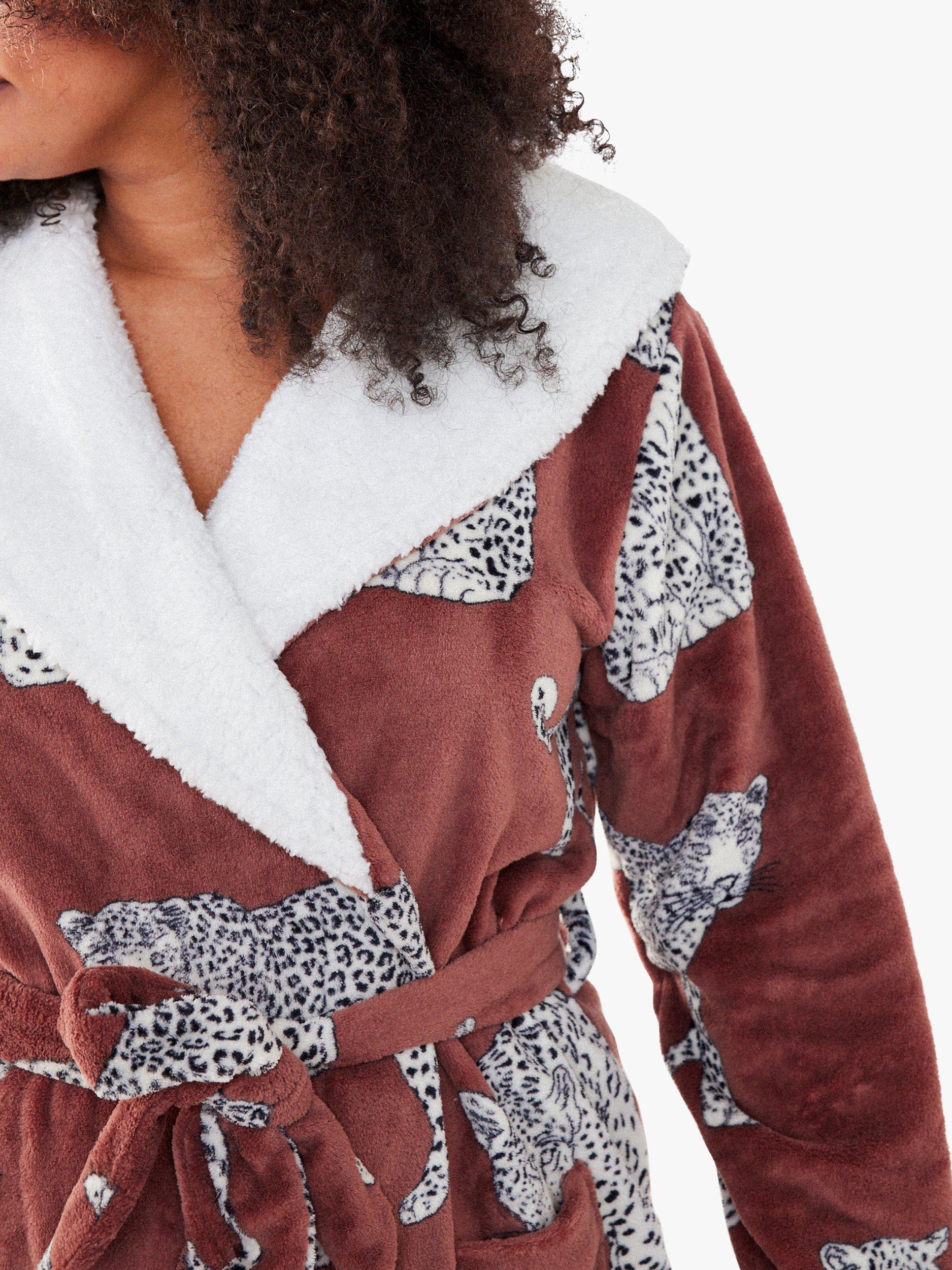 Product image 4 of 4, which shows Chelsea Peers Curve Leopard Fluffy Dressing Gown, Chocolate Brown, 18